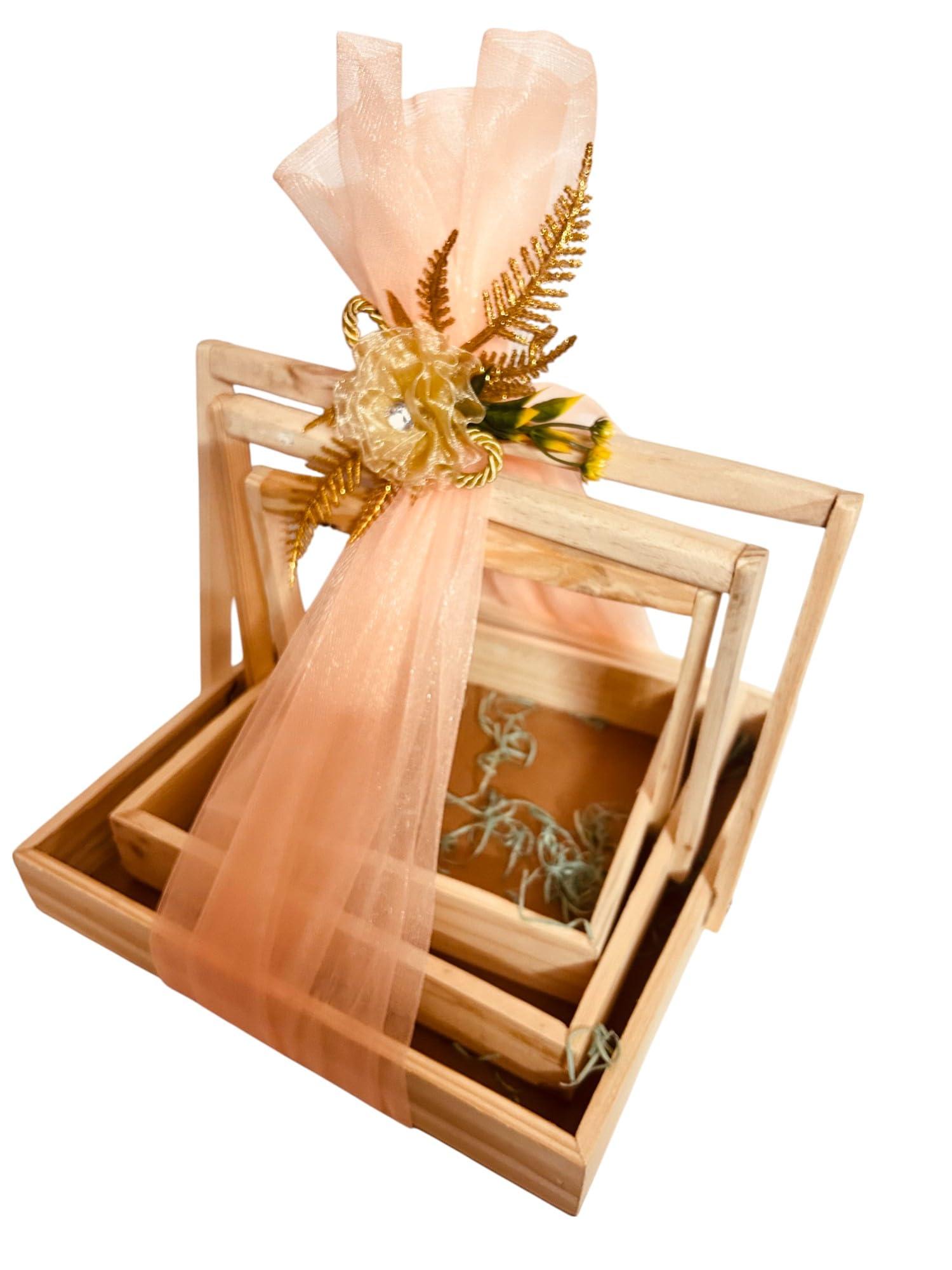 Vayu Art & Crafts Set of 3 Square Pinewood Hamper Gift Handle Basket, with Decoration Net & Flowers, Festival Gift Hamper, Wooden Gift Hamper Basket, Combo/Pack of 3