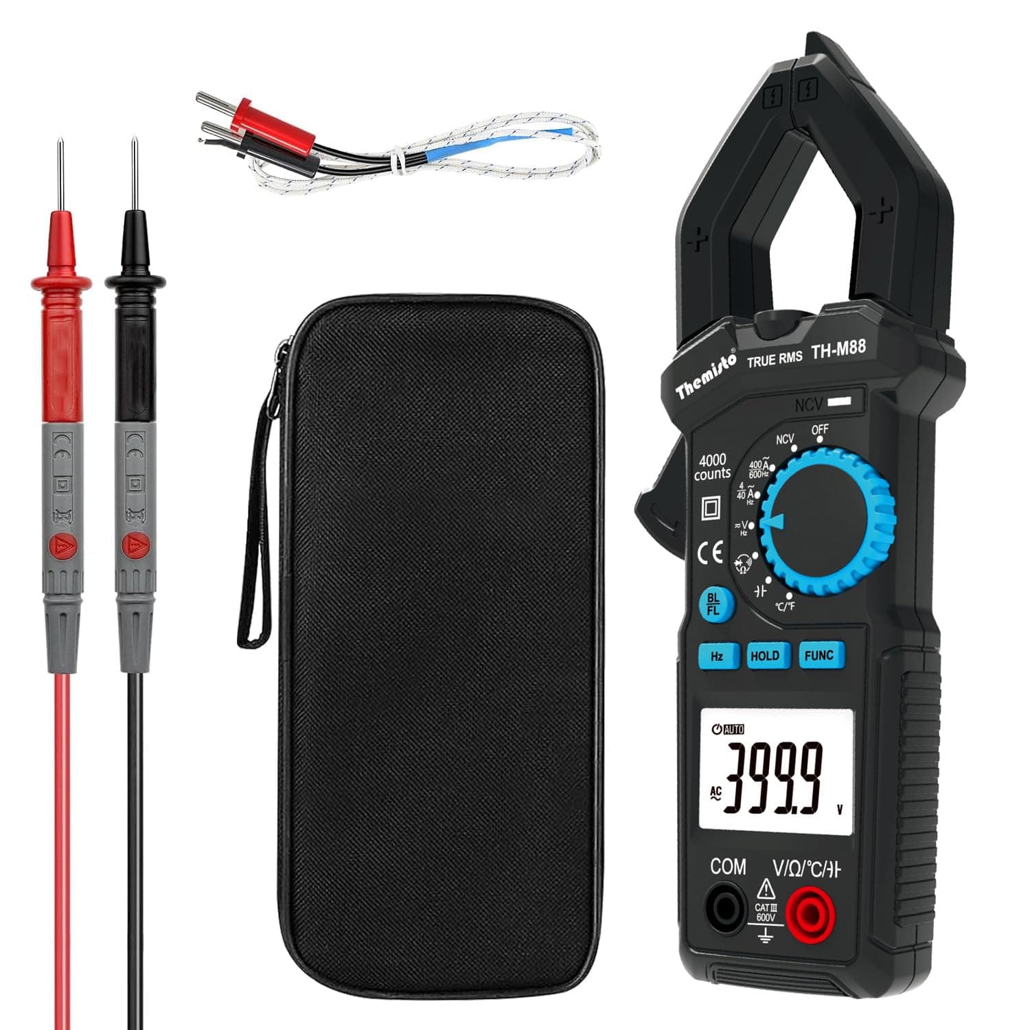 Themisto TH-M88 AC Current, True Rms Digital Clamp Meter (600A,4000 Counts), Black