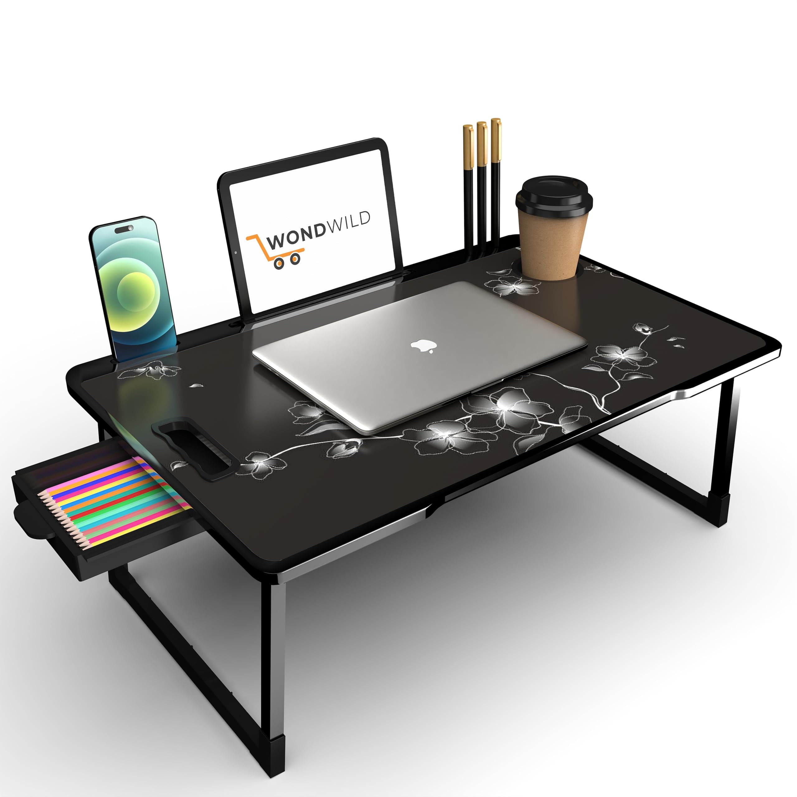 OPTIFINE Study Table/Bed Table/Foldable and Portable Wooden/Writing Desk for Office/Home/School (Black-COTTED-BLACKFLOWER)