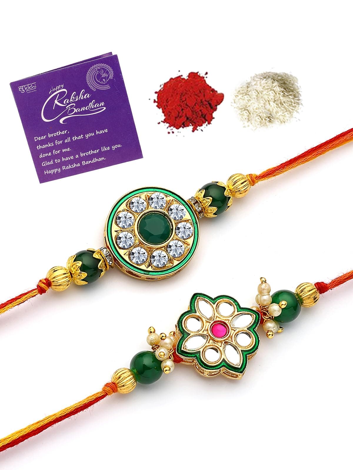 Sukkhi Rakhi Kundan Designer AD Stones with Bead Floral Multicolour Combo Rakhi for Brother with Roli Chawal & Greeting Card|Set of 2|CBRAK107436