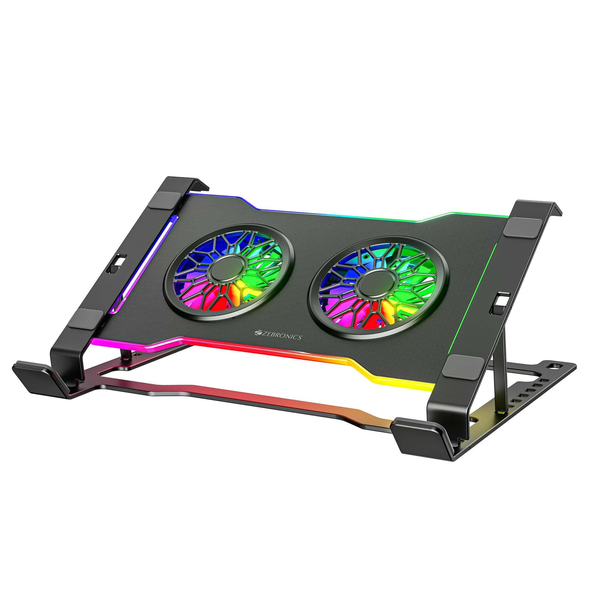 Zebronics NS5000 Laptop Metal Stand with Dual Fan, Upto 17 inch, Multicolor Fan + Speed Controller, 58CFM Airflow, 7-Level Angle Adjustment, Foldable, with USB & Type-C Ports, Anti-Slip Silicone Pads