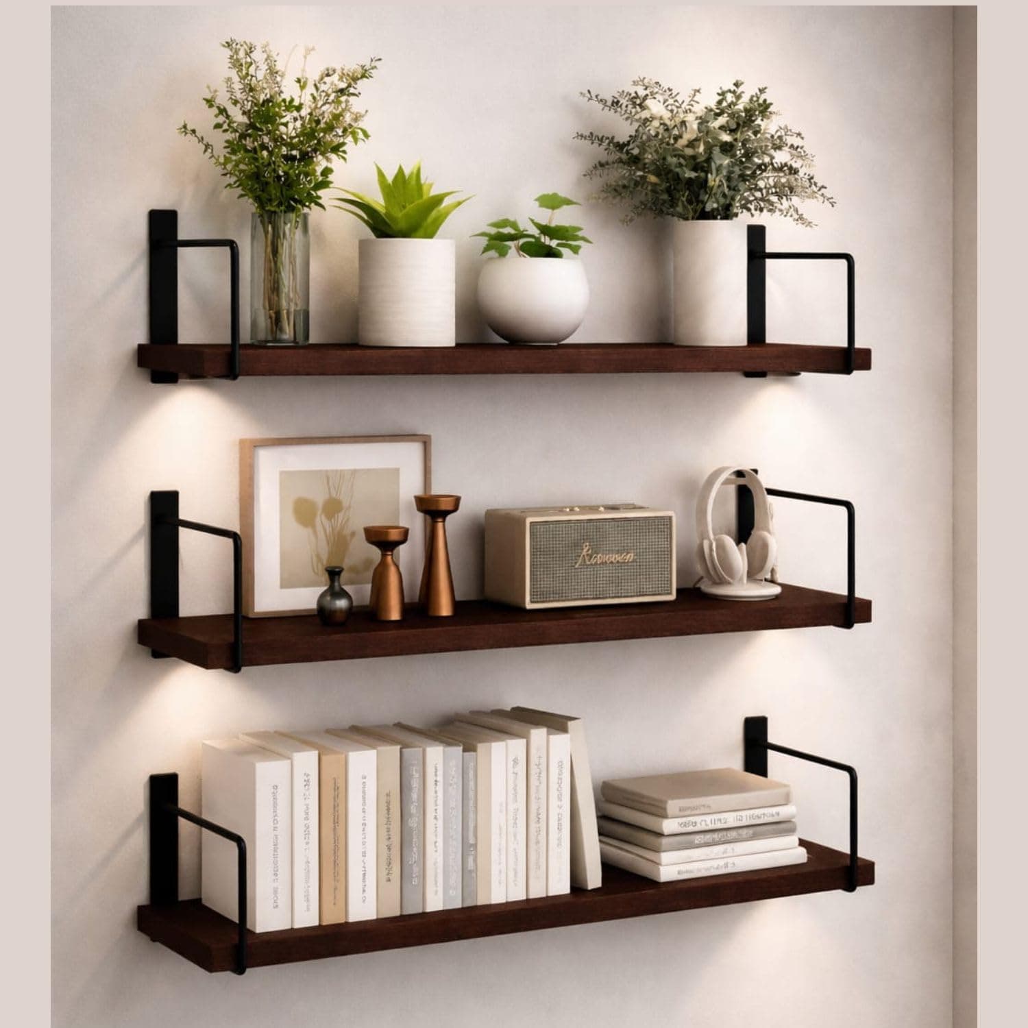 NEST NATURE HAVEN Decorative Wooden Set of 3 Wall Shelf for Living Room & Bedroom Floating Mounted Bookshelf Wooden Wall Mounted | Decorative Storage Wall Shelf Rack (Brown 20X6X2)