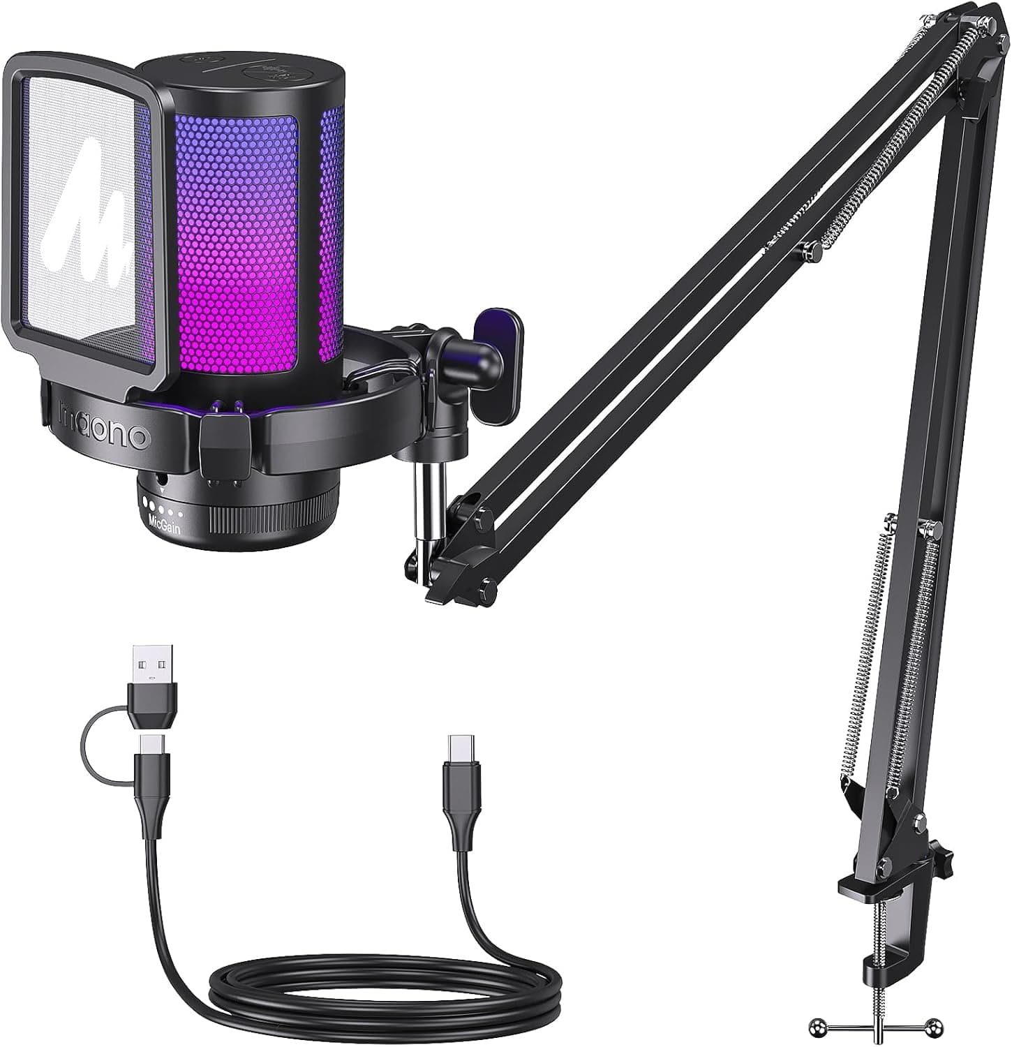 Maono RGB Condenser Gaming Mic with Noise Cancellation, USB Podcast Microphone with Adjustable RGB Lights, 1-Click Mute, Mic Gain, 0-Lantency Monitoring for YouTube Video Recording, PC (DM20S/DGM20S-Black)