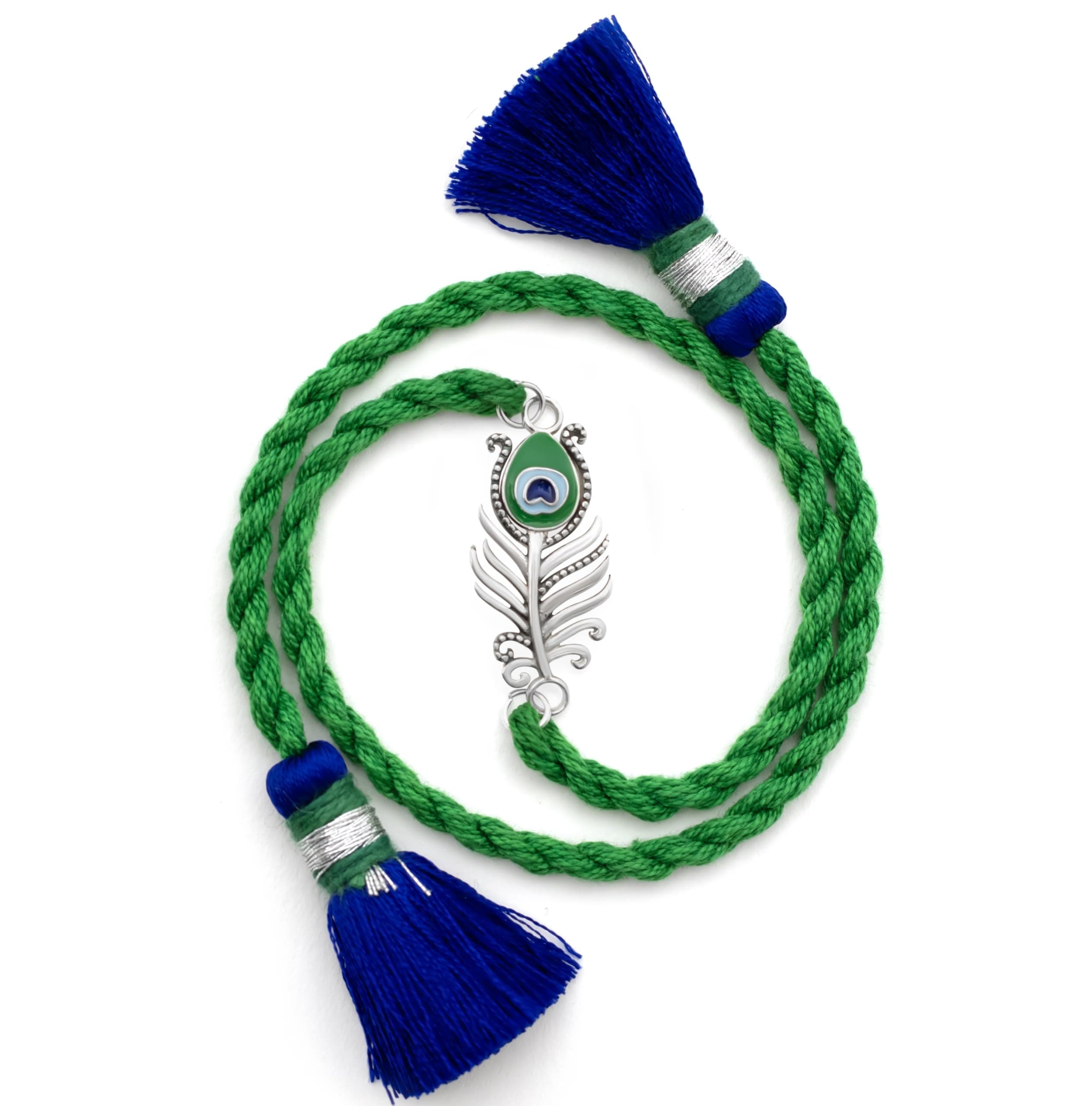 Meenakari Heritage Jewellery 925 Sterling Silver Morpankh Peacock feather Krishna Rakhi Bracelet Set For Men/Boys/women/Unisex With Roli Chawal, Rakshabandhan greeting Card and Authenticity certificate