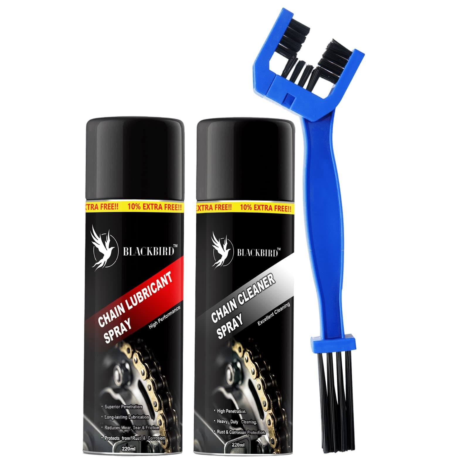 BLACKBIRD Bike Care Kit, 1 Pc Each - Chain Lube Spray 220ml, Chain Cleaner Spray 220ml & Chain Cleaning Brush - Motorcycle Cycle Chain Cleaner Lubricant Maintenance Combo