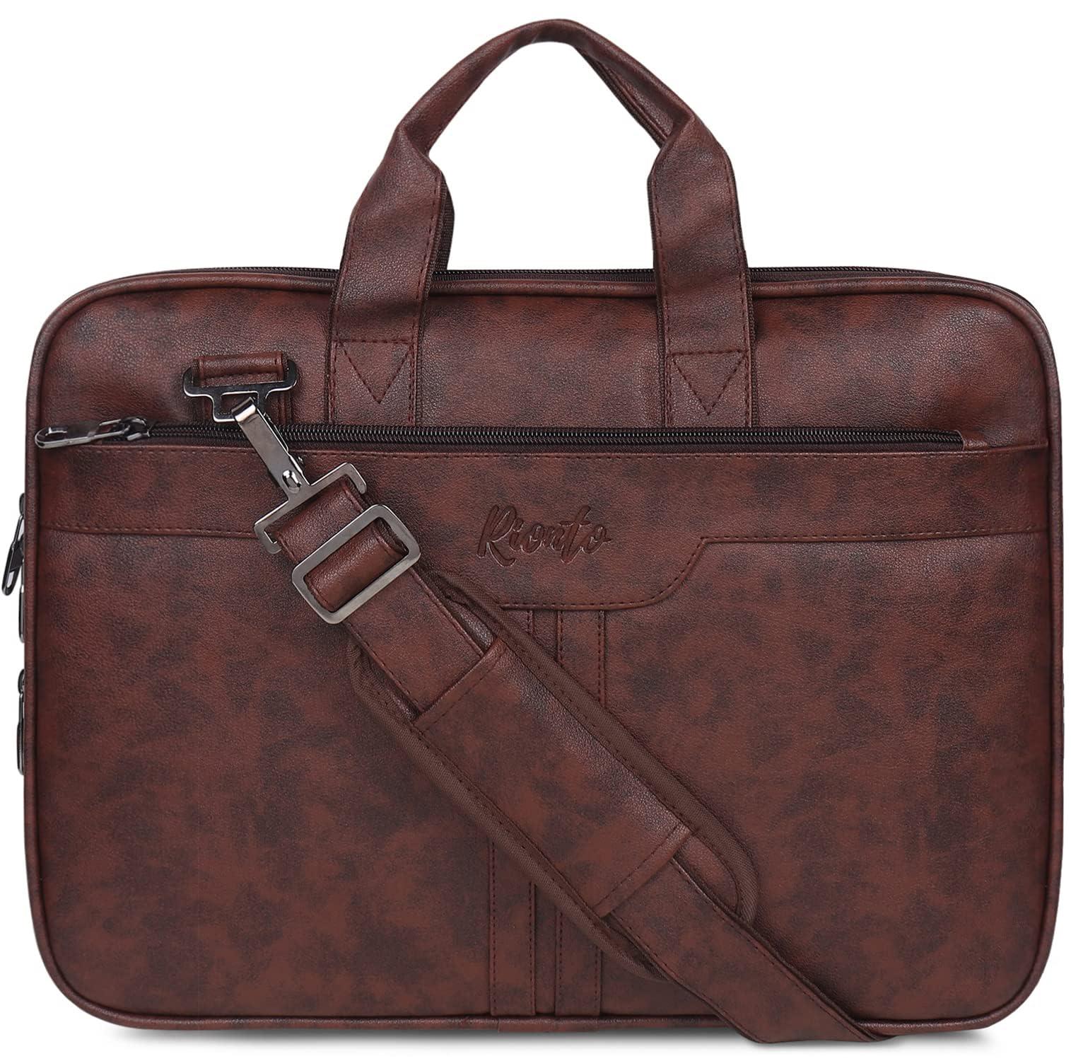 RIONTO Elite Vegan Leather Laptop Bags for Men Office Use | Upto 15.6 inch | Expandable Bottom | Mobile & Pen Compartment with Multiple Organizers | Professional Office Bag for Man & Women - Tan