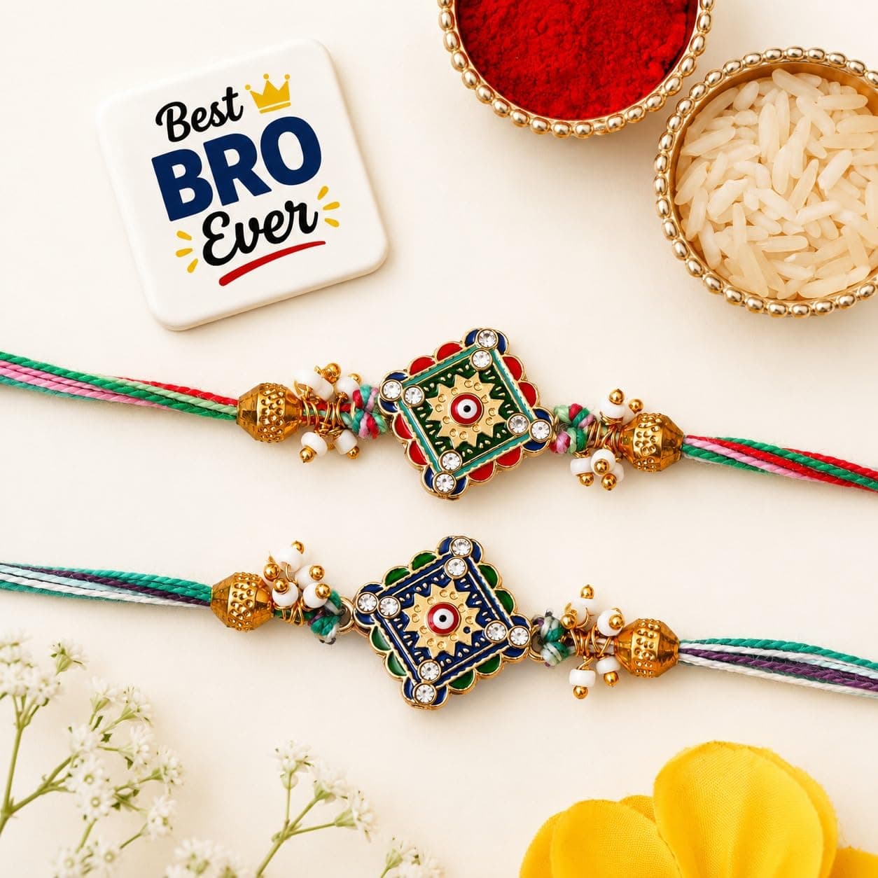 eCraftIndia Set of 2 Designer Rakhis for Brothers with Best Bro Ever Fridge Magnet and Roli Chawal Pack