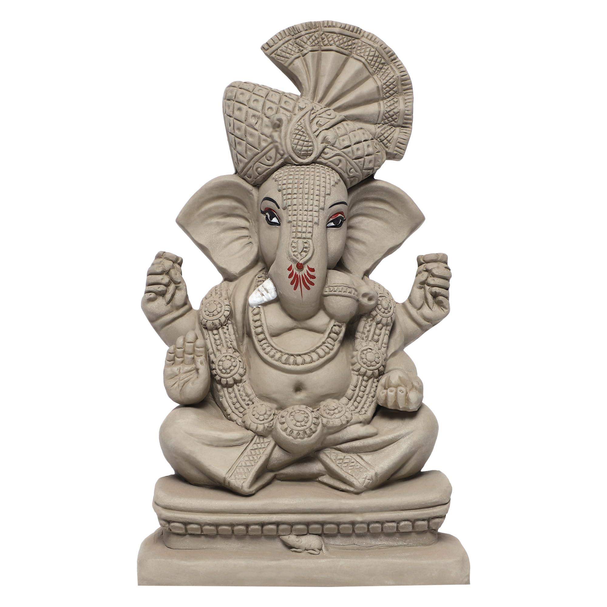 KSI Eco Friendly Ganesha Idol 9.8 Inches | Water Soluble Ganpati Murti for Home Visarjan | Pagdi Ganesh Without Paint | Biodegradable Idol for Ganesh Chaturthi