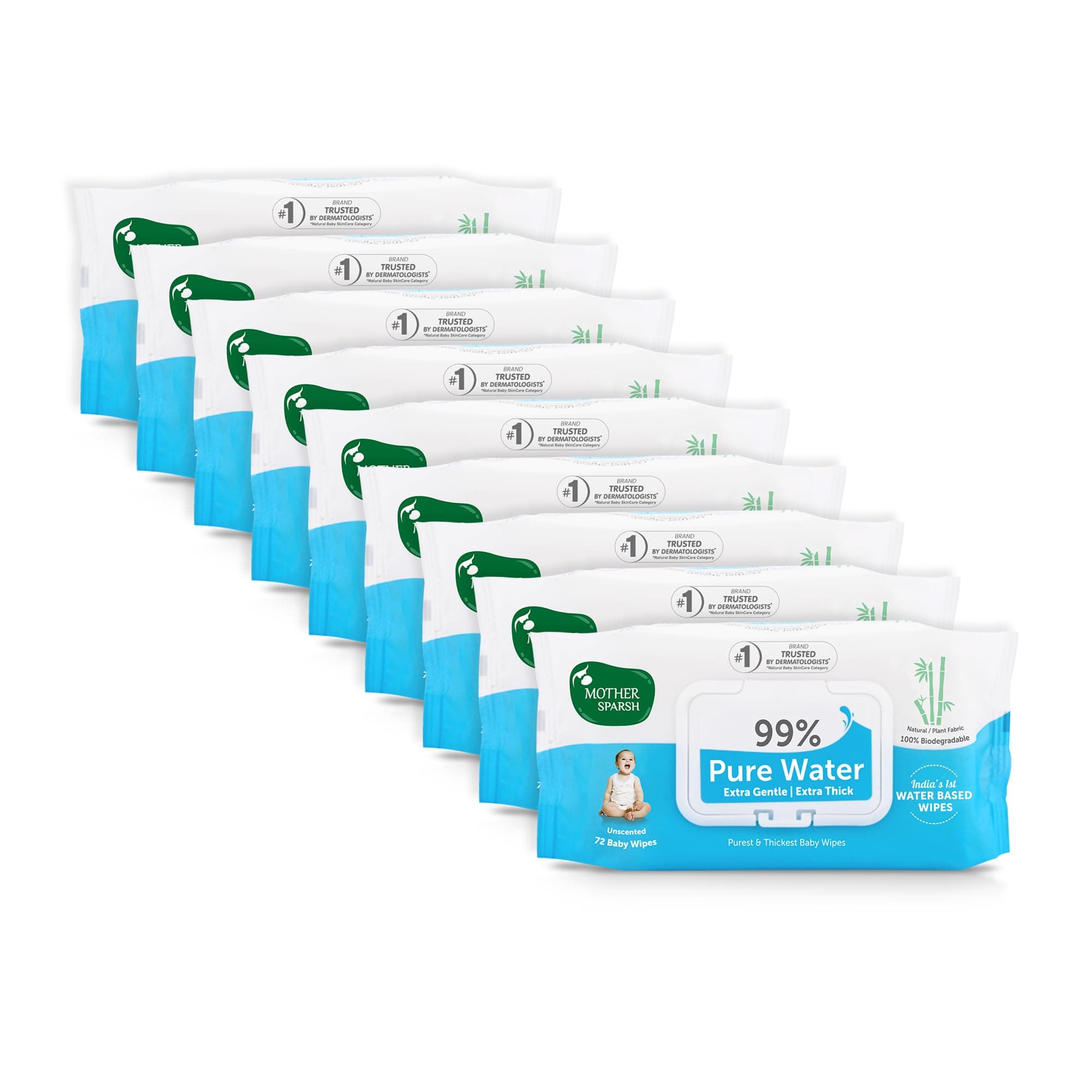 Mother Sparsh 99% Pure Water (Unscented) Baby Wipes I Natural Plant Made Fabric - Super Thick I 72 pcs/Pack - Pack of 9