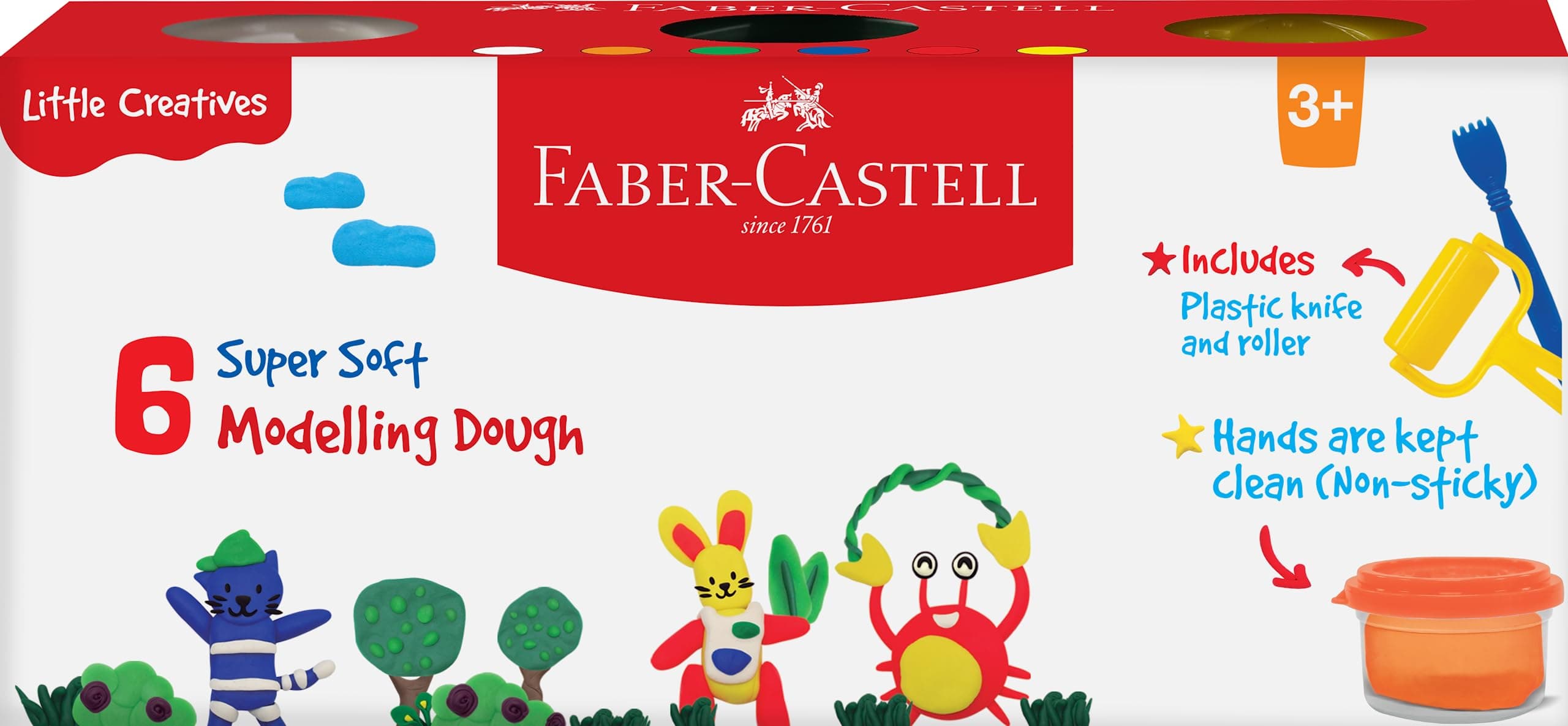 Faber-Castell Little Creatives Modelling Dough Set of 6 | Non-Toxic Super Soft Modelling Dough for Kids Aged 3+ years | Includes Plastic Knife, Roller & Character moulds on lid and base | Super Soft, Non-Sticky & Child-Safe