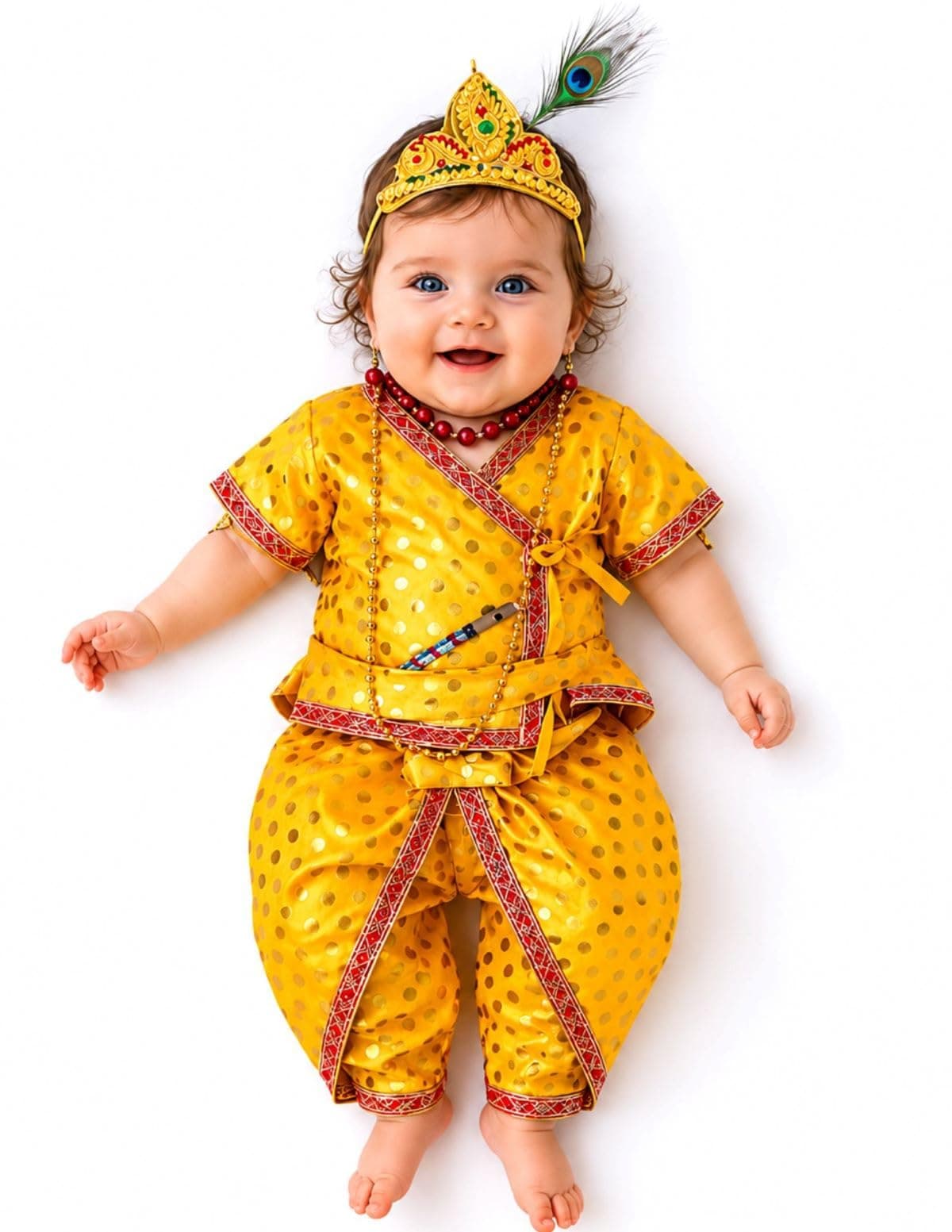 BookMyCostume Shri Krishna Kanha Kanhaiya Polka Dots Kids Fancy Dress Costume 10 Pcs Set with Accessories 1-2 years