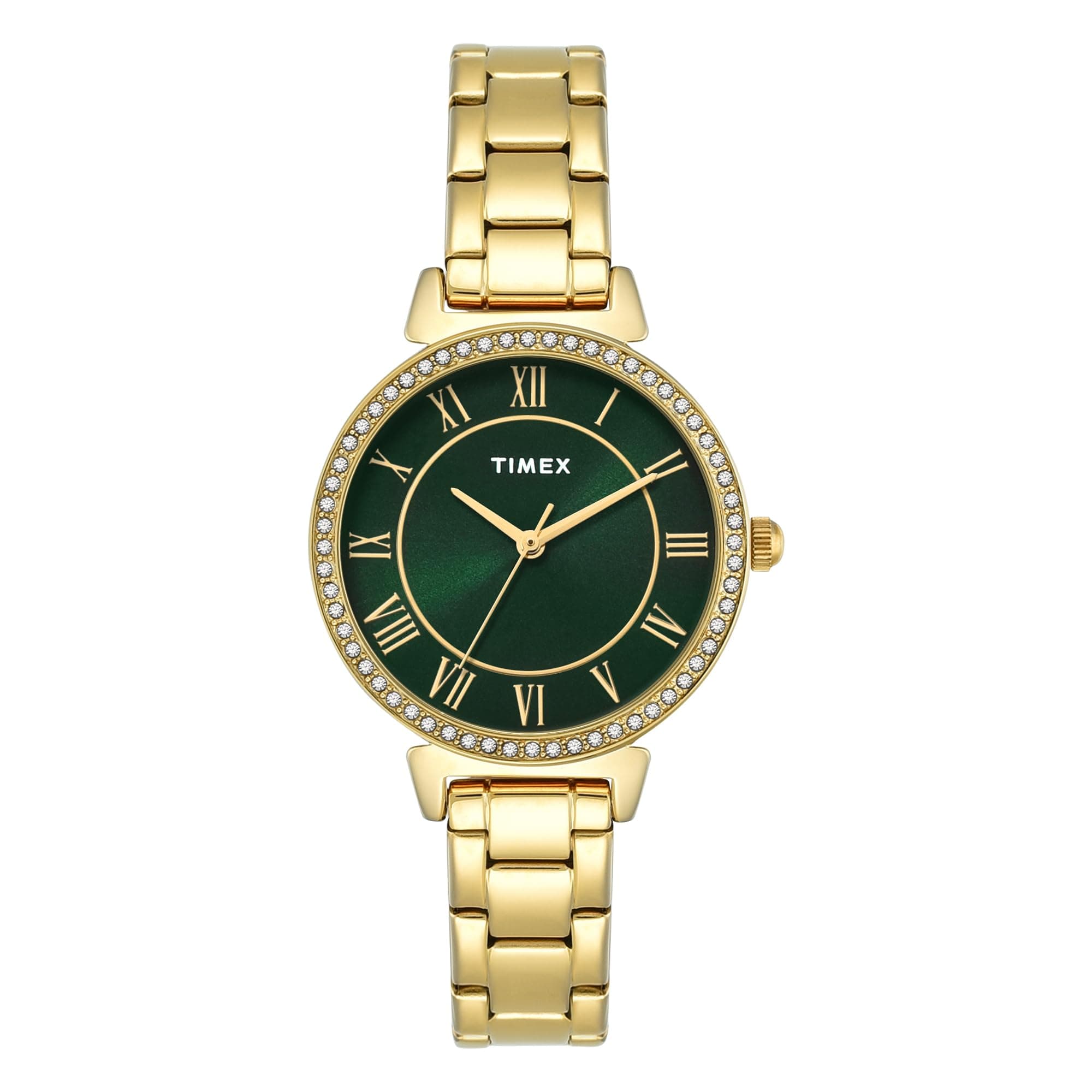 TIMEX Analog Watch for Woman with Green Round Dial & Gold Stainless Steel Bracelet Band Water Resistant Women's Wrist Watches - TWEL223SMU03