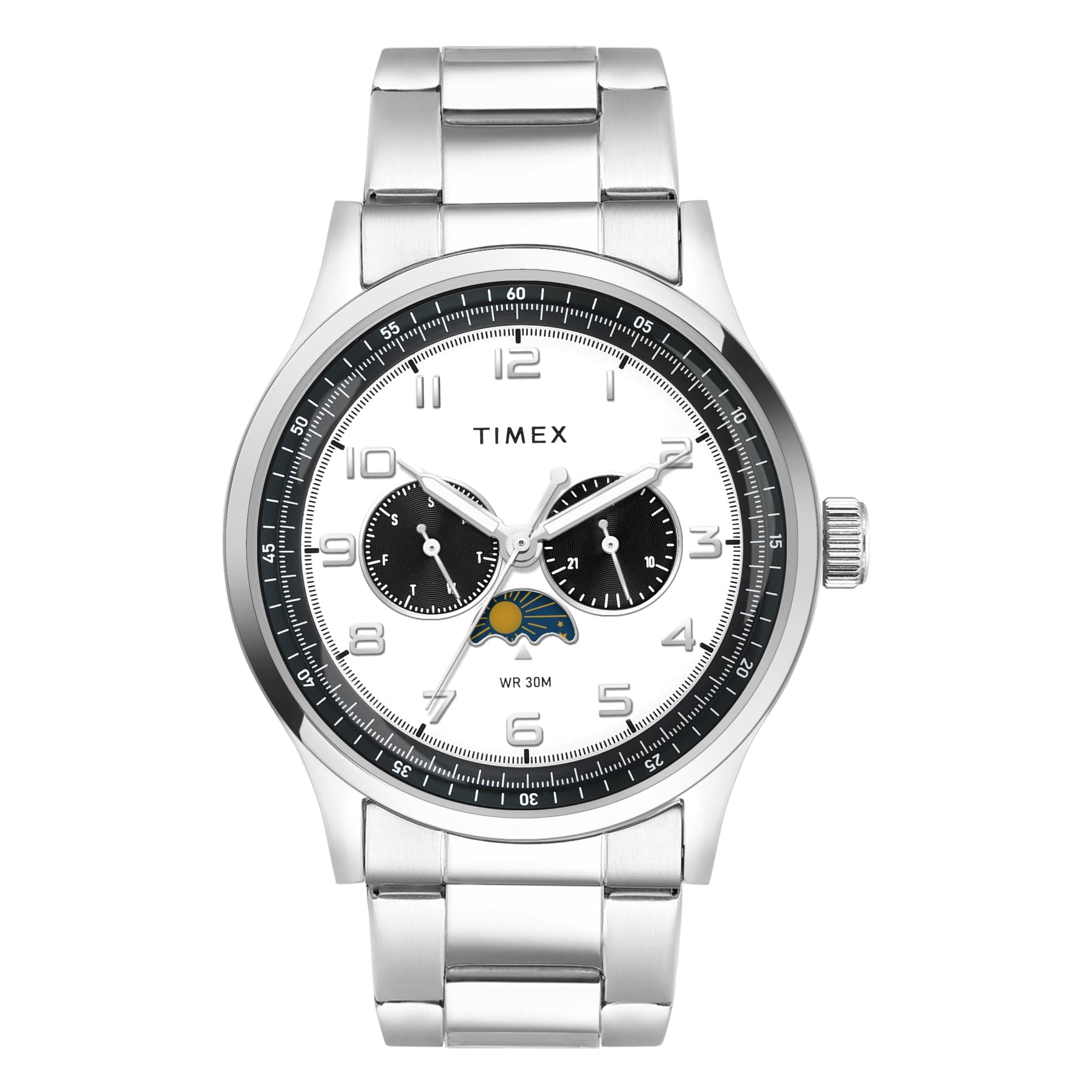 TIMEX Analog Watch for man with White Round Dial & Silver Stainless Steel Bracelet Band Water Resistant Men's Wrist Watches - TWEG19609