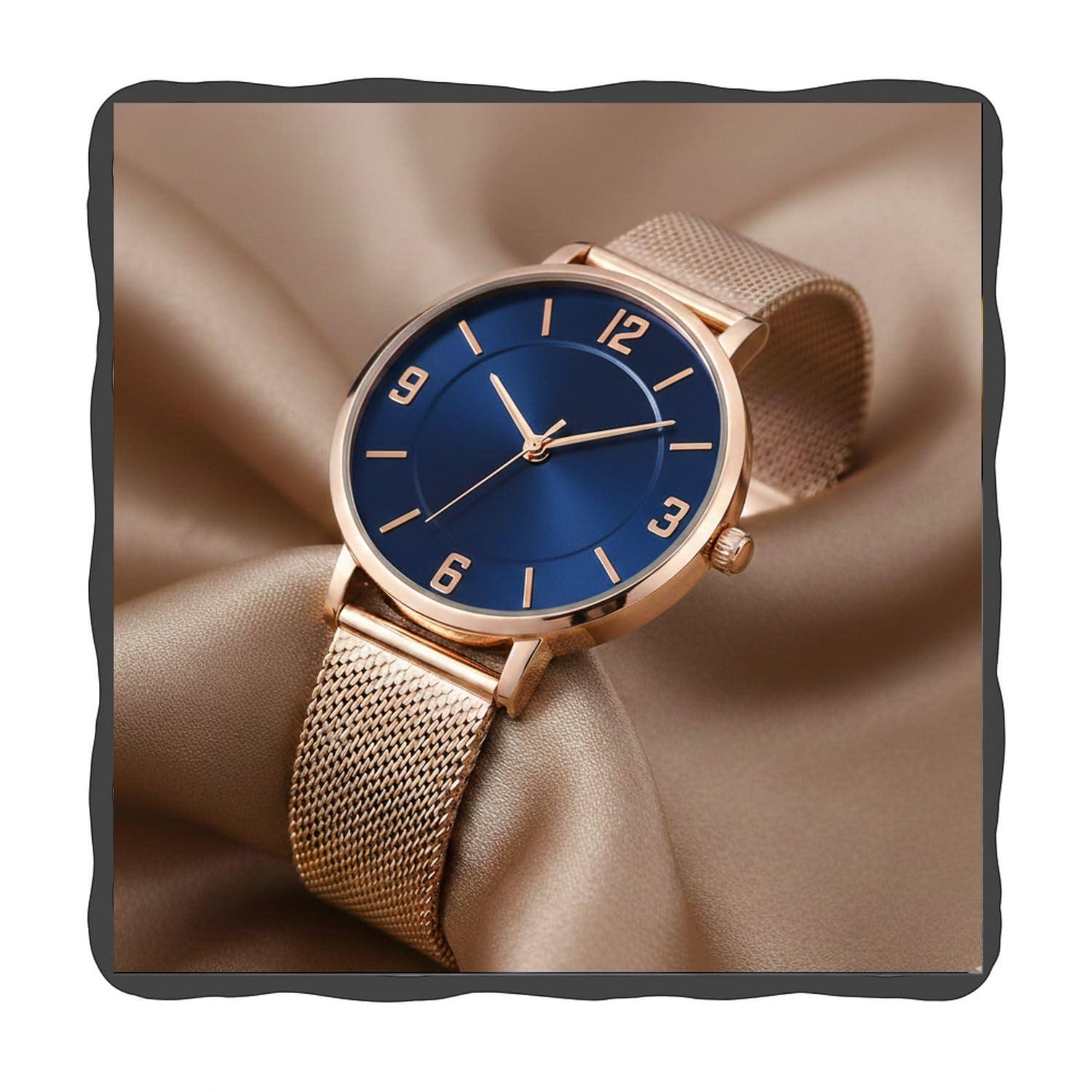 ON TIME OCTUS Stylish Dial Rose Gold Color Mesh Chain Strap Analog Wrist Watch for Women (Blue)