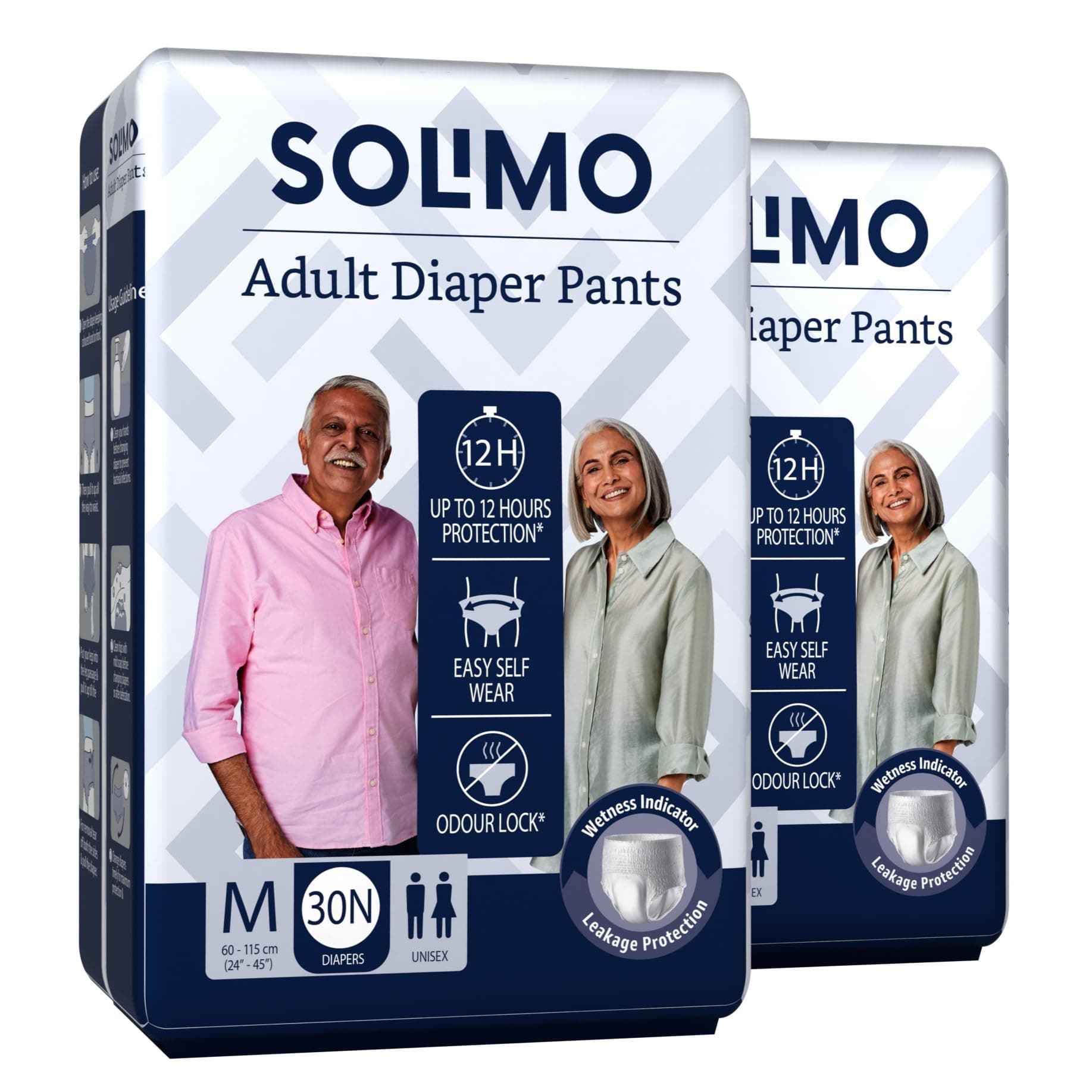 Amazon Brand - Solimo Adult Diapers, Pant Style | Pack of 60 | Medium Size | Waist 24-45 in (60-115 cm) | Unisex | Quick Absorption | Leak Proof Upto 12 Hours | Wetness Indicator | For Men & Women