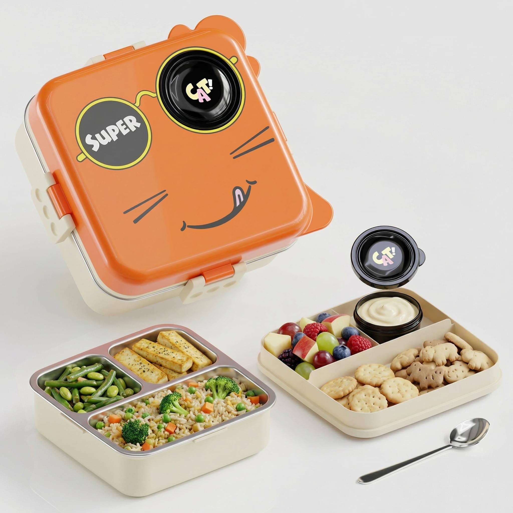 MEDALLIX 3 Compartment Lunch Box for Kids Boys Girls, Cartoon Cat Tiffin, Leakproof Stainless Steel Bento Box, 2 Layer Meal Box with Spoon & Snack Container, 1120ml + 70ml (Orange, Super Cat)