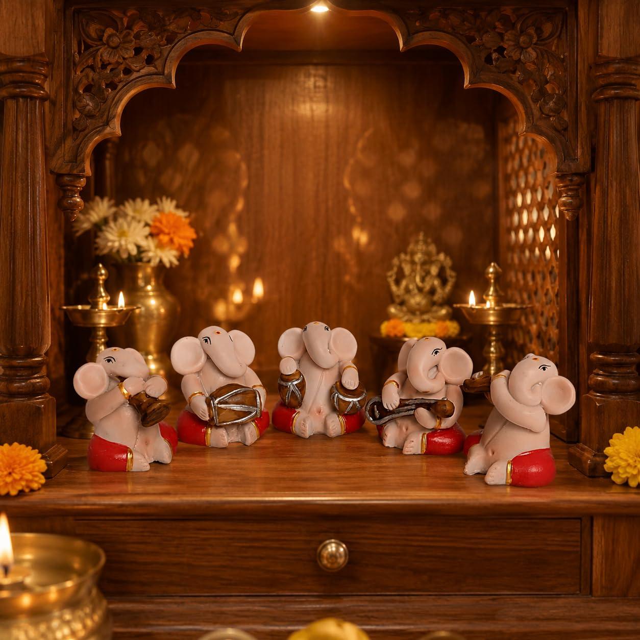 KariGhar® Ganesh Resin Idol for Car Dashboard | Housewarming | Home | Living Room | Puja Room | Gifts and Decoration | Musical Ganesh ji Set of 5