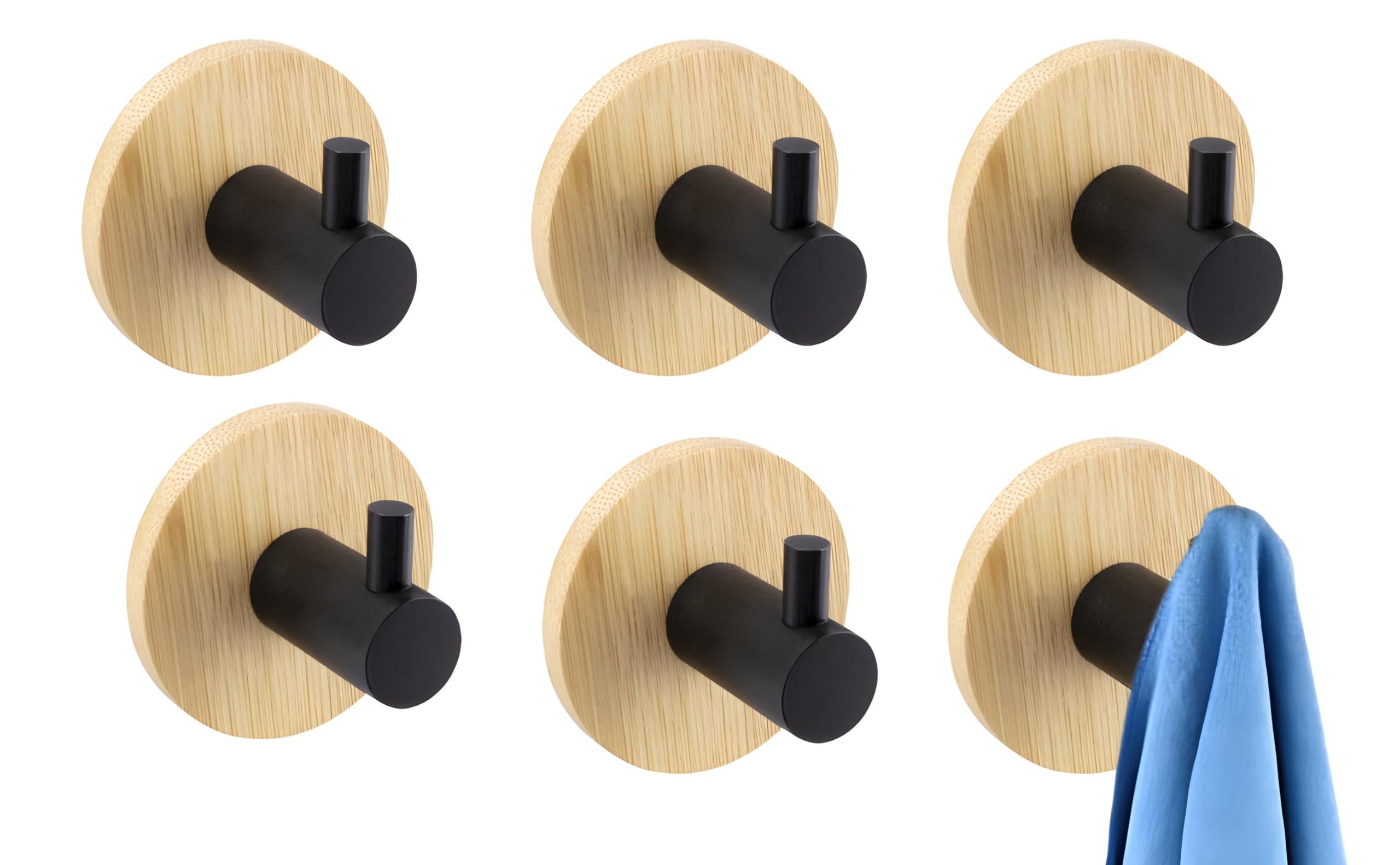 JIALTO 6 pcs Wooden Bathroom and Kitchen Hook, Self Adhesive Wall Hook - Essential Bathroom Accessories, Stylish Home Decor Items, Durable Kitchen Accessories Items (Round Black Wooden)