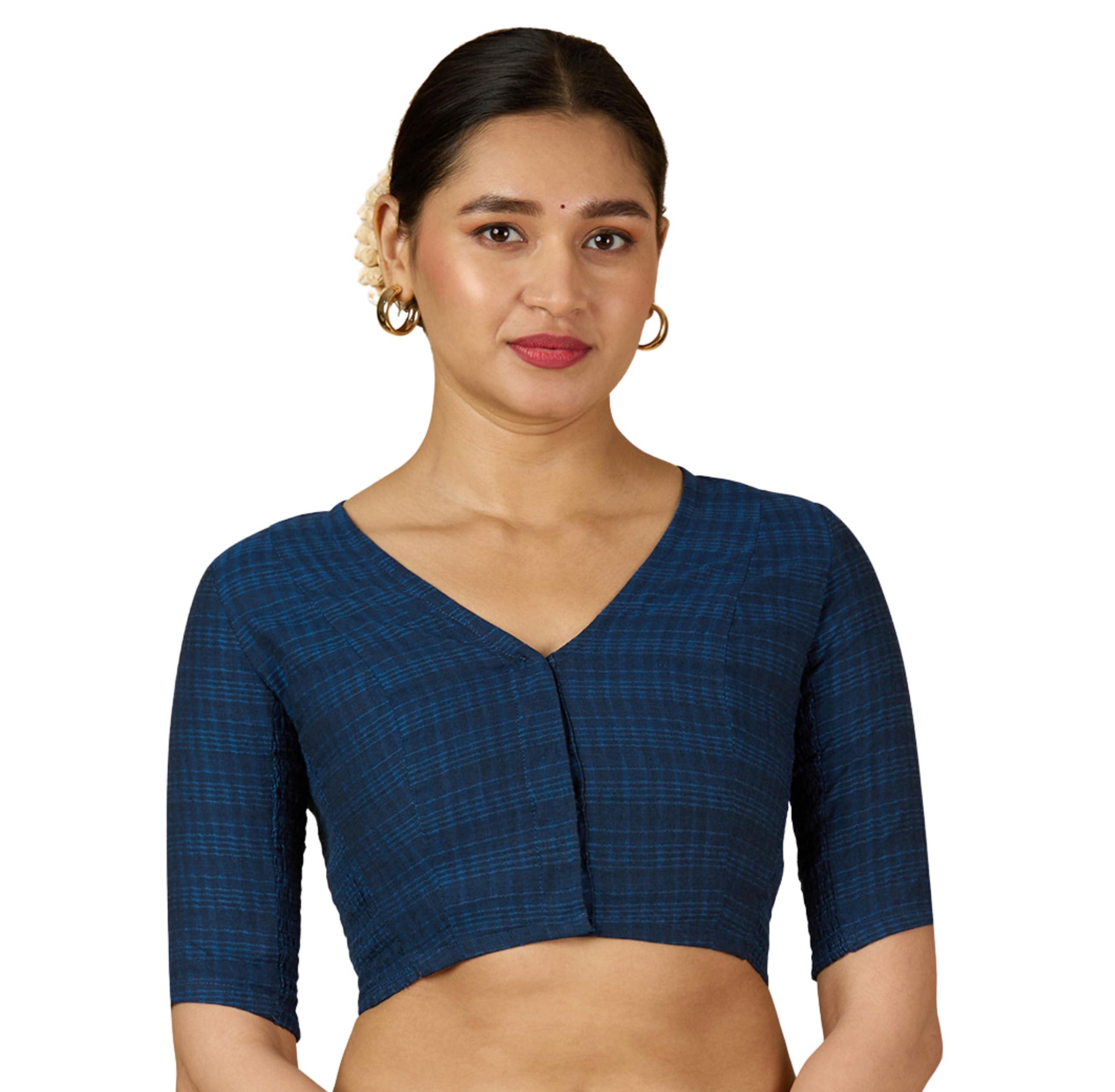Studio Shringaar Women's Cotton Madras Checks Saree Blouse with Stretchable Sides(Navy Blue, 34)