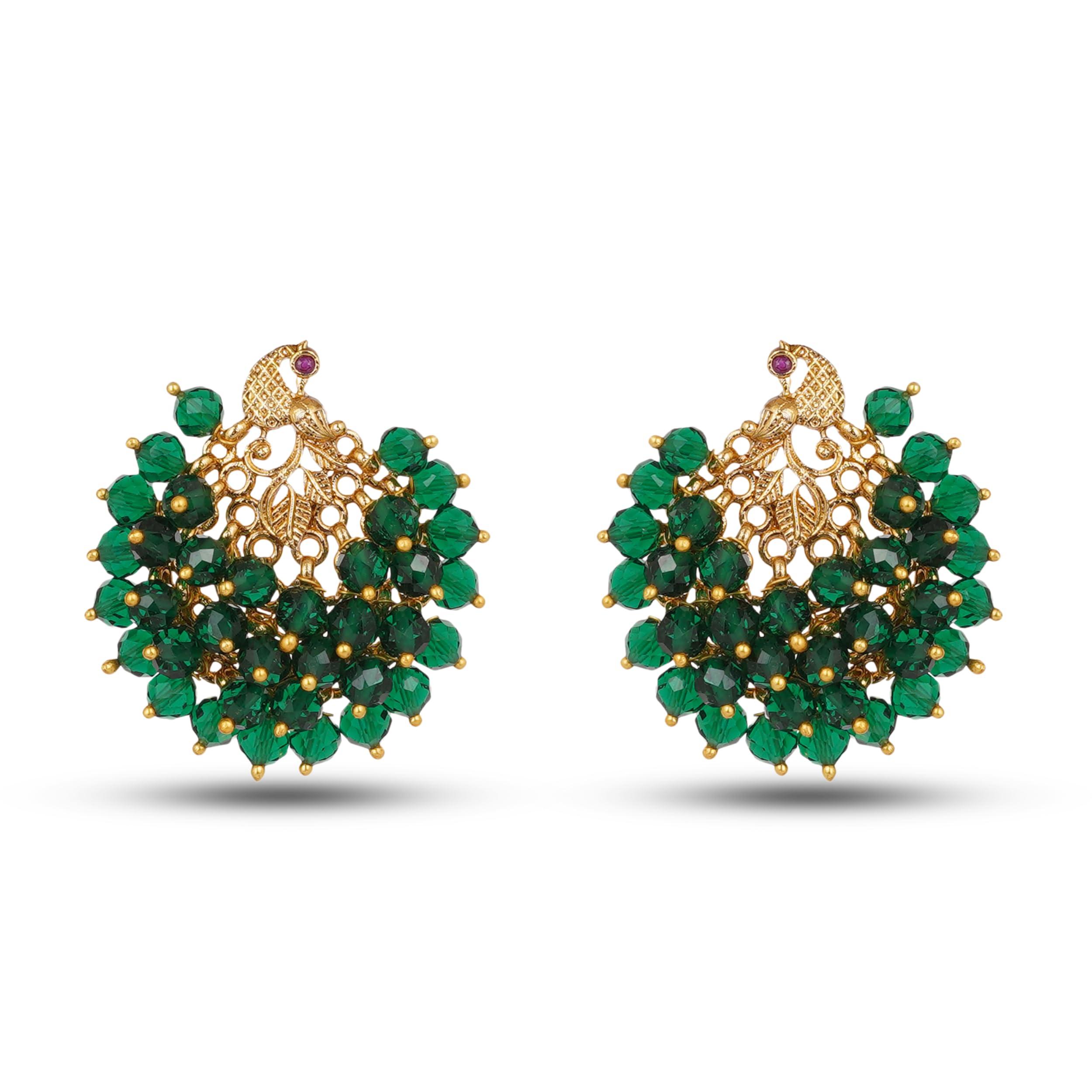 ZYRA JEWELS Traditional Peacock Pearl Cluster Stud Earrings | Beaded Temple Jewellery for Women & Girls (Green)
