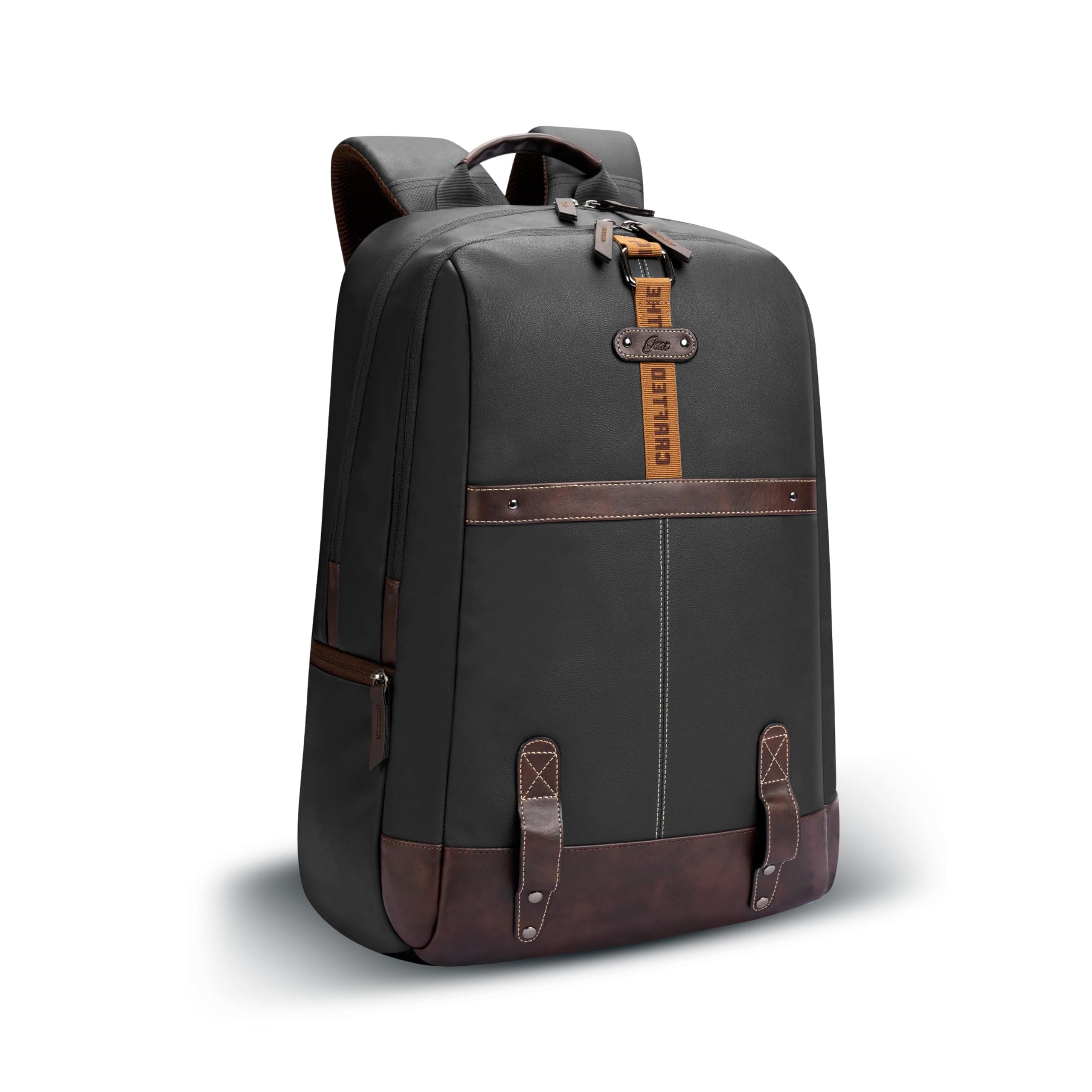 Gear Classic 4 19"/31L Medium Faux Leather Water Resistant Anti Theft Laptop Backpack | Casual Backpack | Daypack | Travel Backpack | College Bag For Men/Women (Black - Brown)