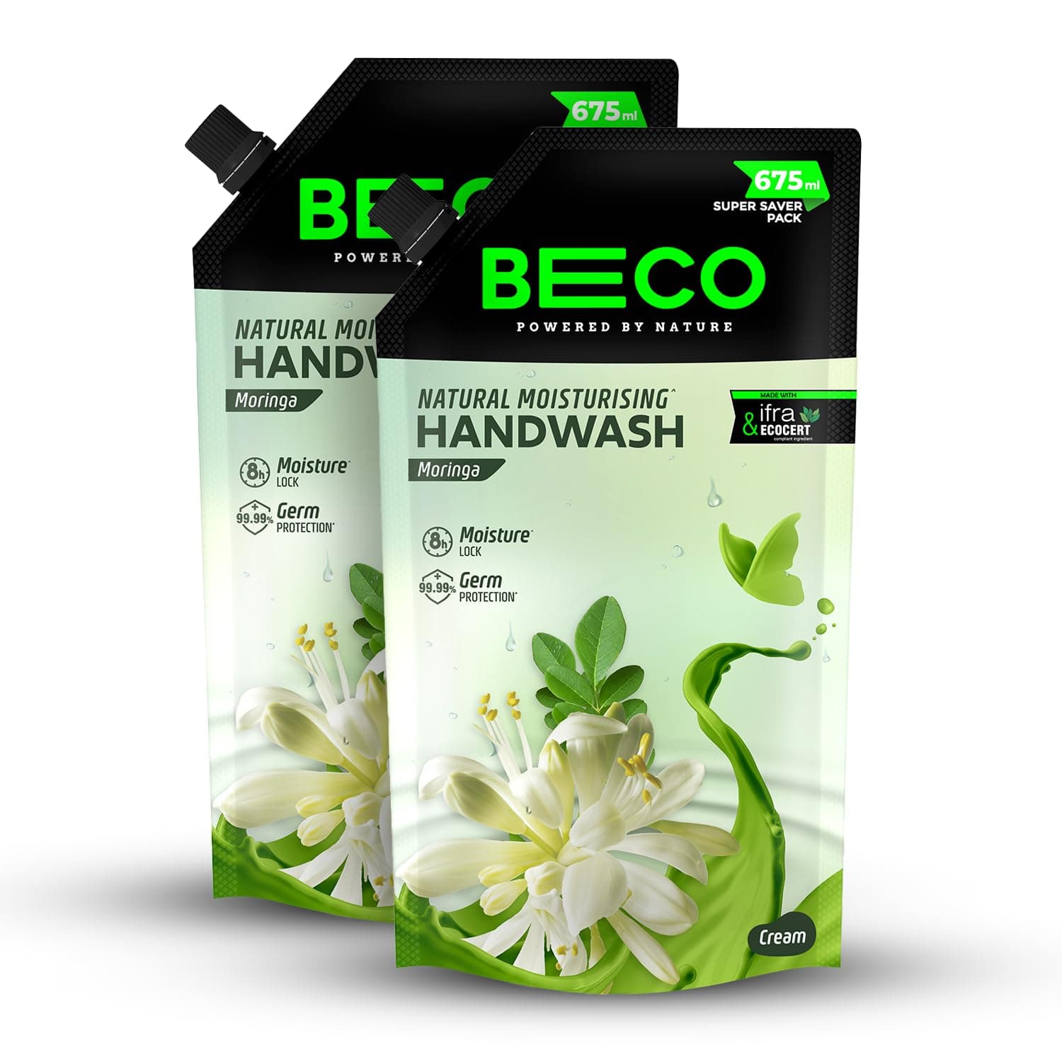 Beco Moisturising Liquid Handwash - Moringa Fragrance | Pack of 2 | 675 ml | 8-hr moisture lock | Natural, Paraben free, Chemical Free | Kills 99.99% germs, Safe for all Skin types