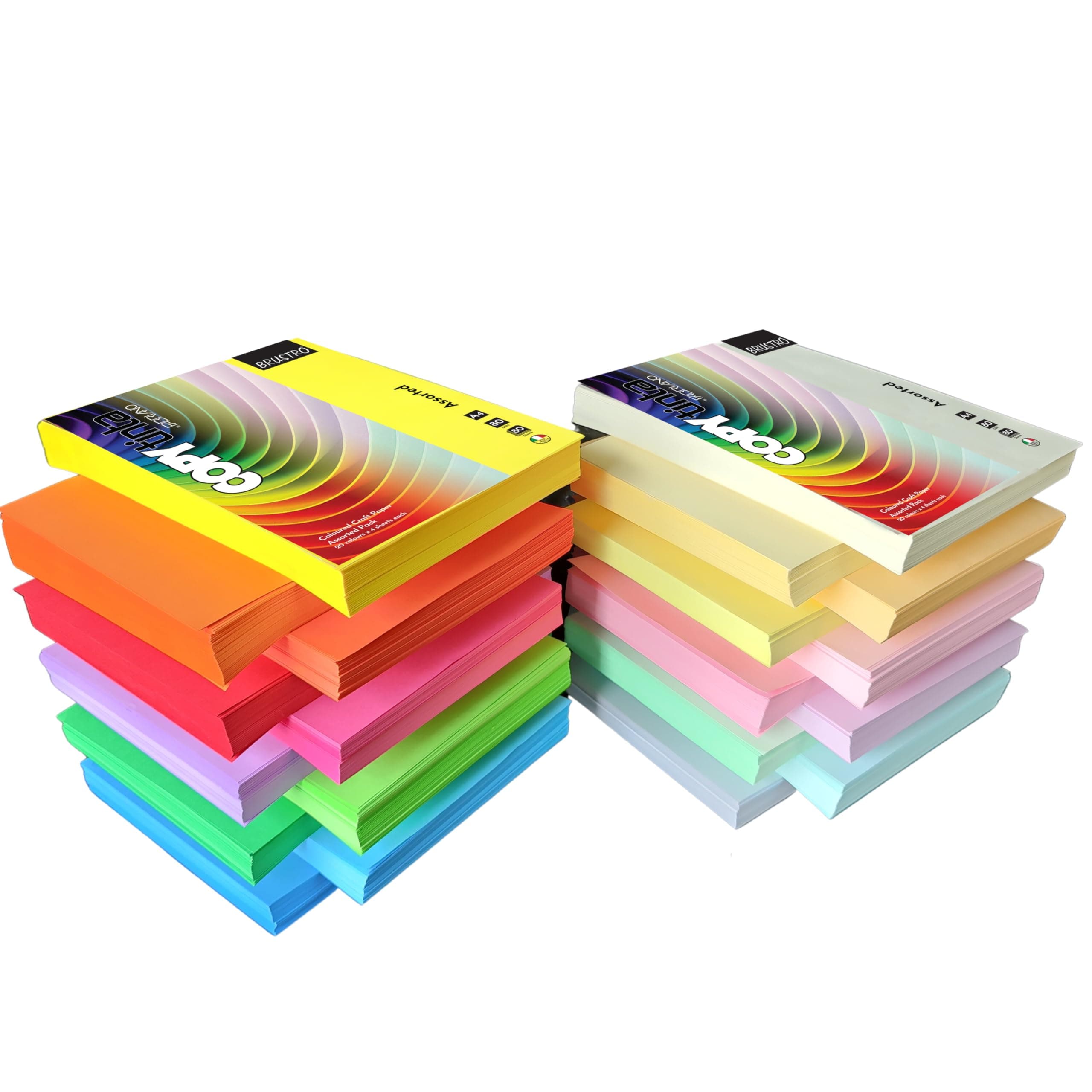 BRUSTRO Copytinta Mixed Bright & Soft Colour Craft Paper| A4 Size | 80 GSM |Pack of 80 Sheets (20 colors x 4 sheets)|Double Side Colored, Ideal for Origami, Scrapbooking, Making Card, DIY Art & Craft.