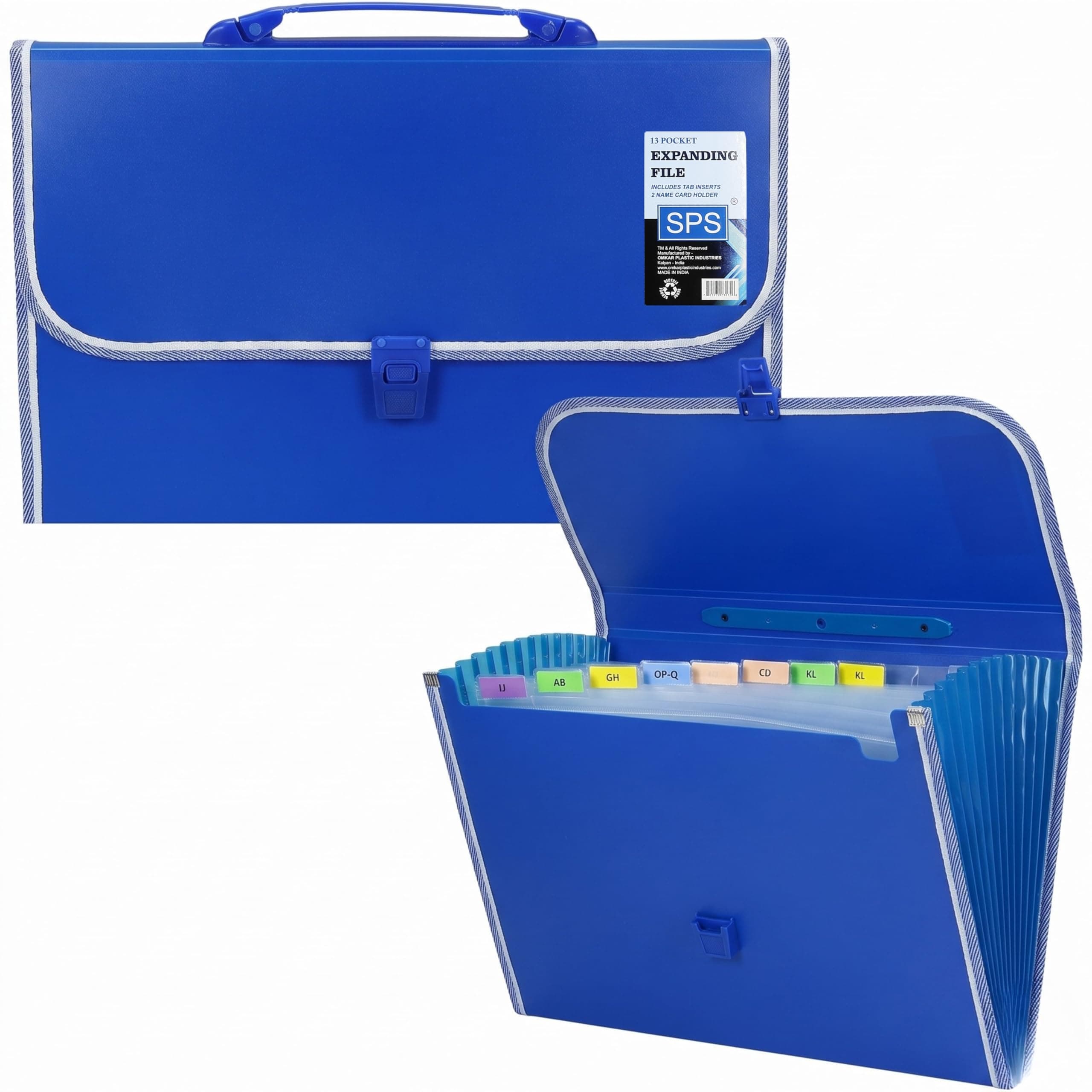 SPS 13 Pocket Expanding File Folder with Buckle Closure,Label Index and Handle for A4/Foolscap/Legal Documents (Blue)