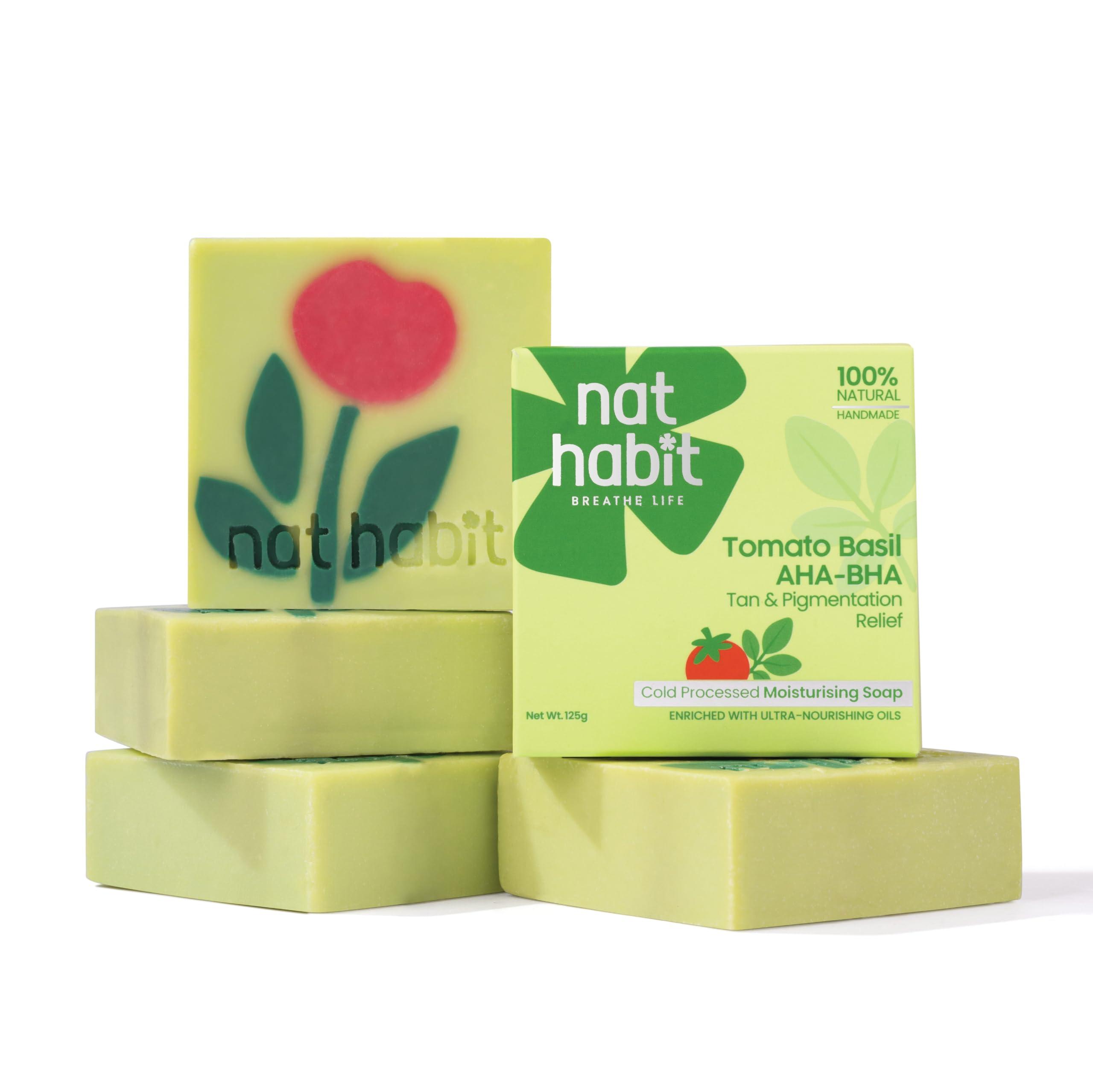 Nat Habit Cold Processed Tomato Basil AHA-BHA Soap | De-Tan & Pigmentation Relief | Natural Lactic & Salicylic Acid | UV Protection | Handmade | Sulphate & Paraben Free | Pack of 4 X 125g