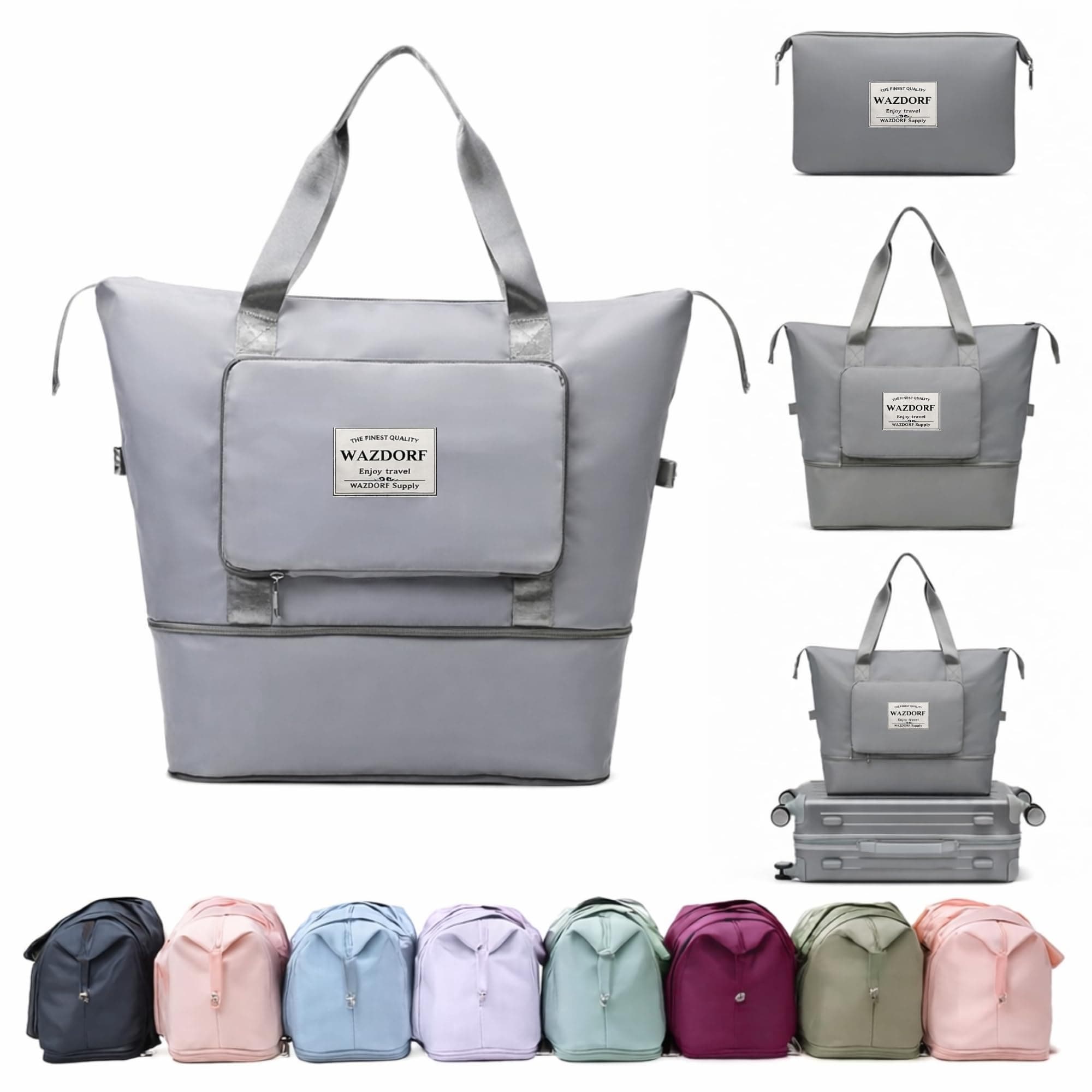 Wazdorf 41 Liter Expandable Travel Bags for Women, Nylon Duffle Bags for Women Luggage, Foldable Vanity Traveling Bag, Waterproof Hand Bag for Ladies Personal Items, 25 cm, Grey