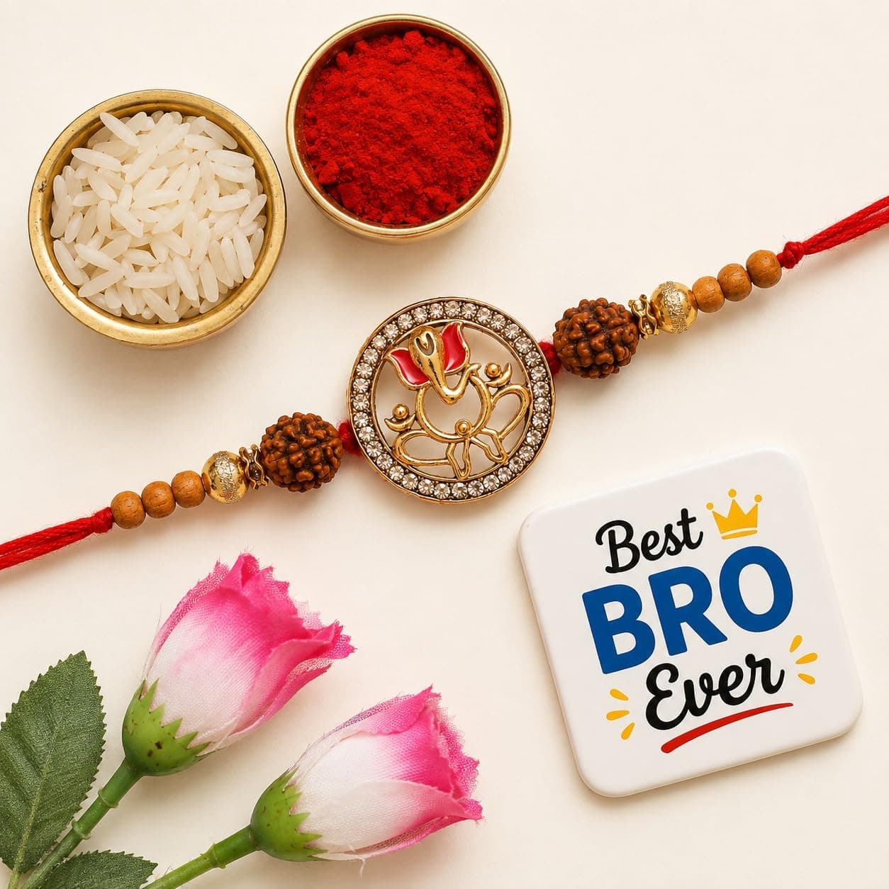 eCraftIndia Golden Blessing Lord Ganesha Designer Rakhi for Brother with Gift Combo Set | Raksha Bandhan Rakhi for Bhai Bhaiya Kids Boy | Best Bro Ever Fridge Magnet | Roli Chawal Pack