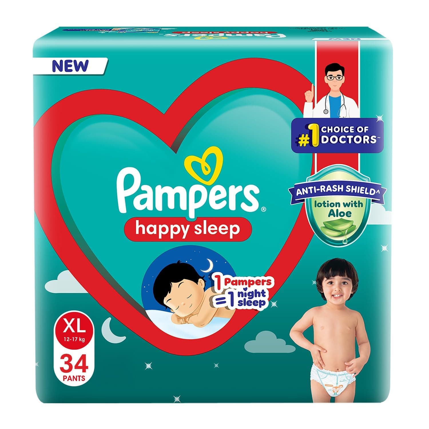 Pampers Happy Sleep Pant Style Baby Diapers, X-Large (XL), 34 Count, 1 Pampers = 1 Night Sleep, with Anti Rash Shield, 12-17 Kg Diapers