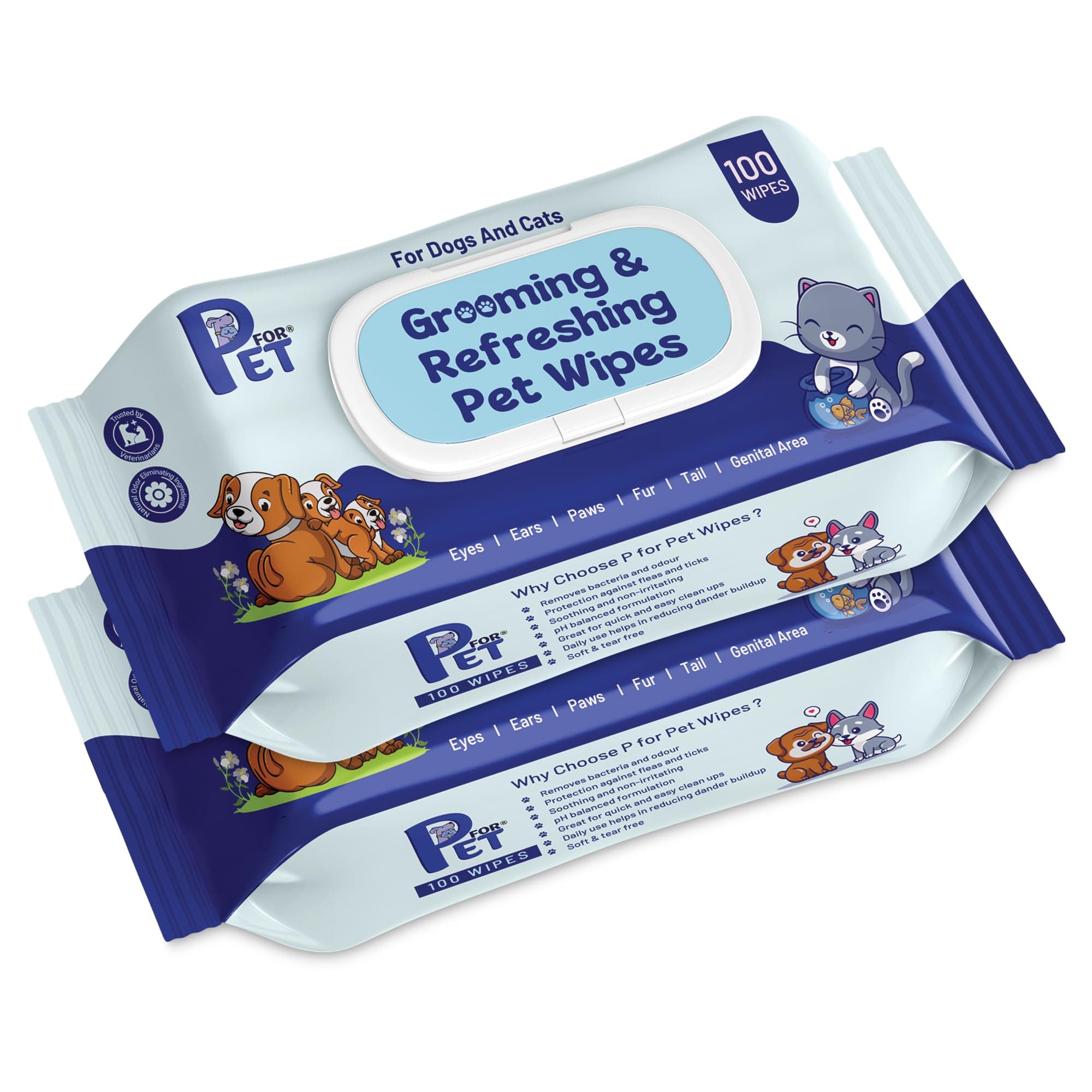 P for PET Grooming Wet Wipes 200 Count (Pack of 2 for Dogs, Cats & All Pets | Purified Water, Glycerin |Anti-Bacterial|Cleansing, Deodorising Wipes