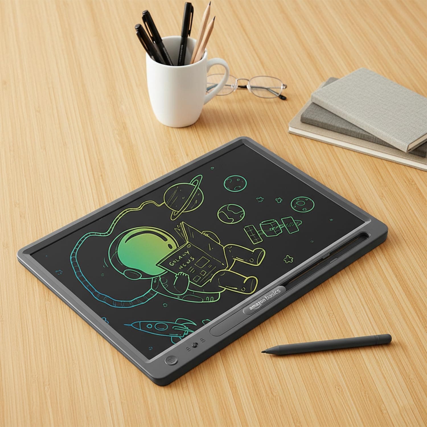Amazon Basics Writing Tablet with 15-inch Rainbow Colour LCD Screen and Stylus Pen for Kids & Adults (Black)