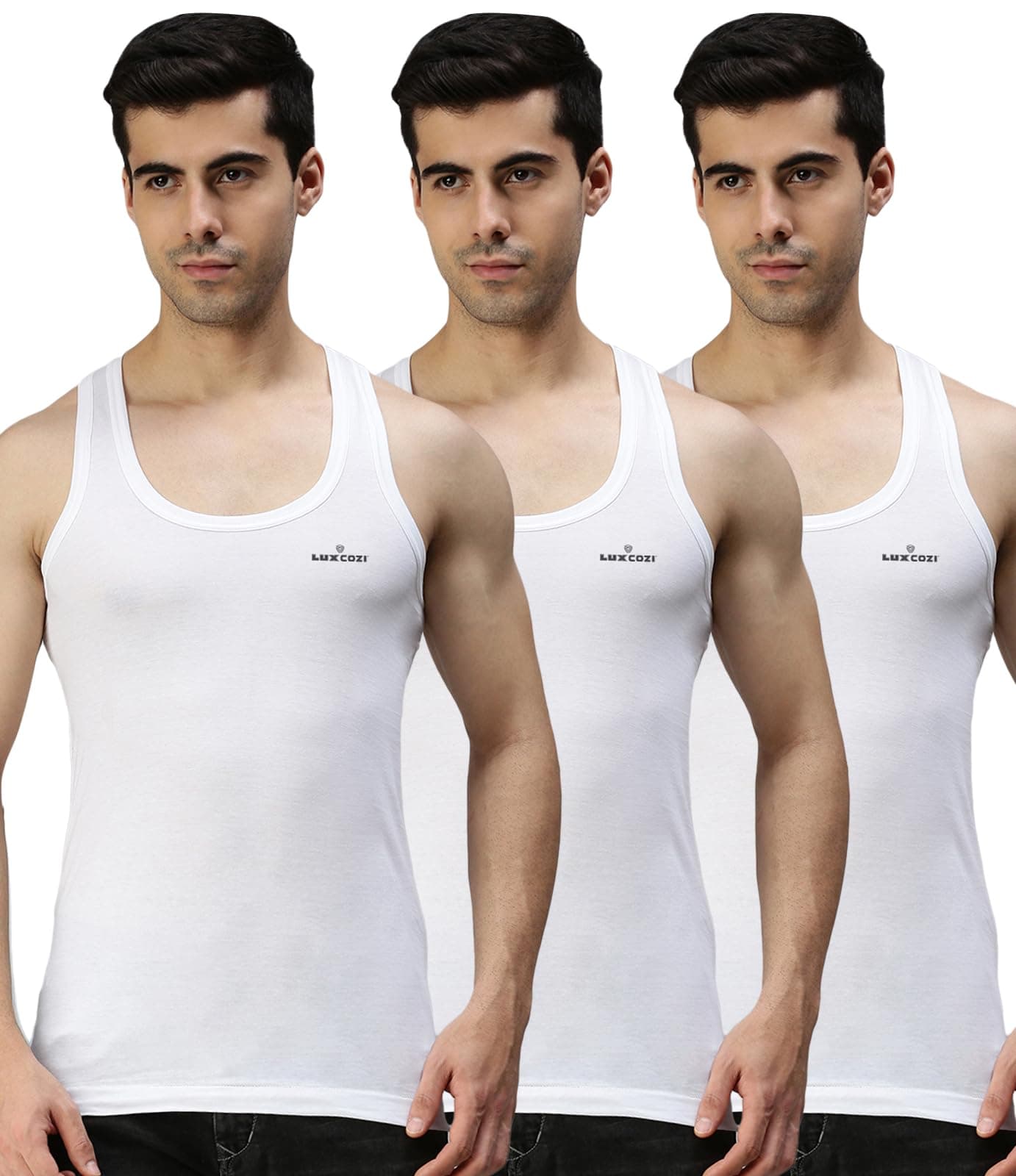 Lux Cozi Men's Pack of 3 White Round Neck Sleeveless Cotton Vest (Size : 100cm)