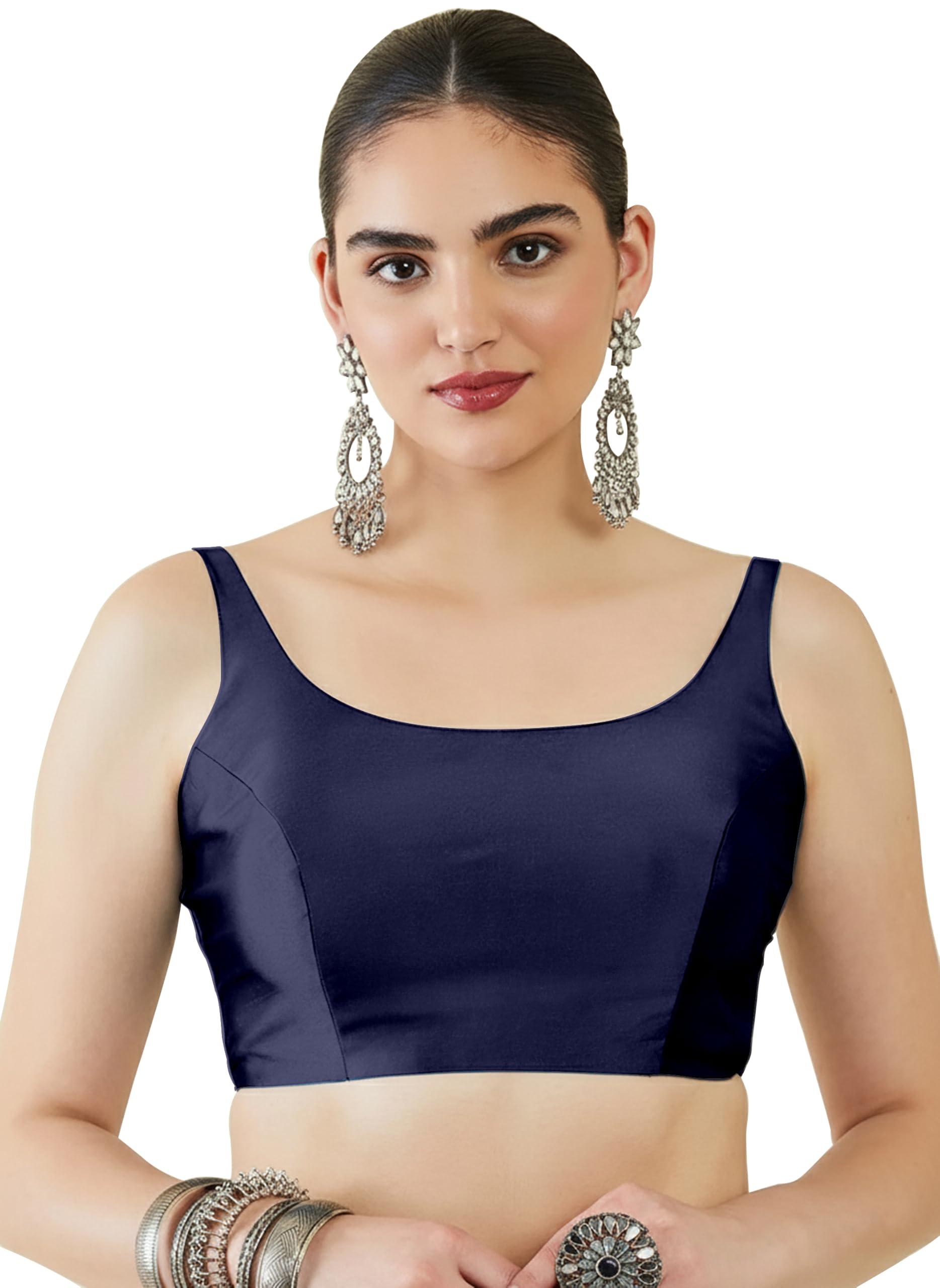 Mehrang Womens Taffeta Padded Blouse, Classic Sleeveless Silk Stitched Blouse, Readymade Saree Blouse for Women Stylish (Navy Blue, M)
