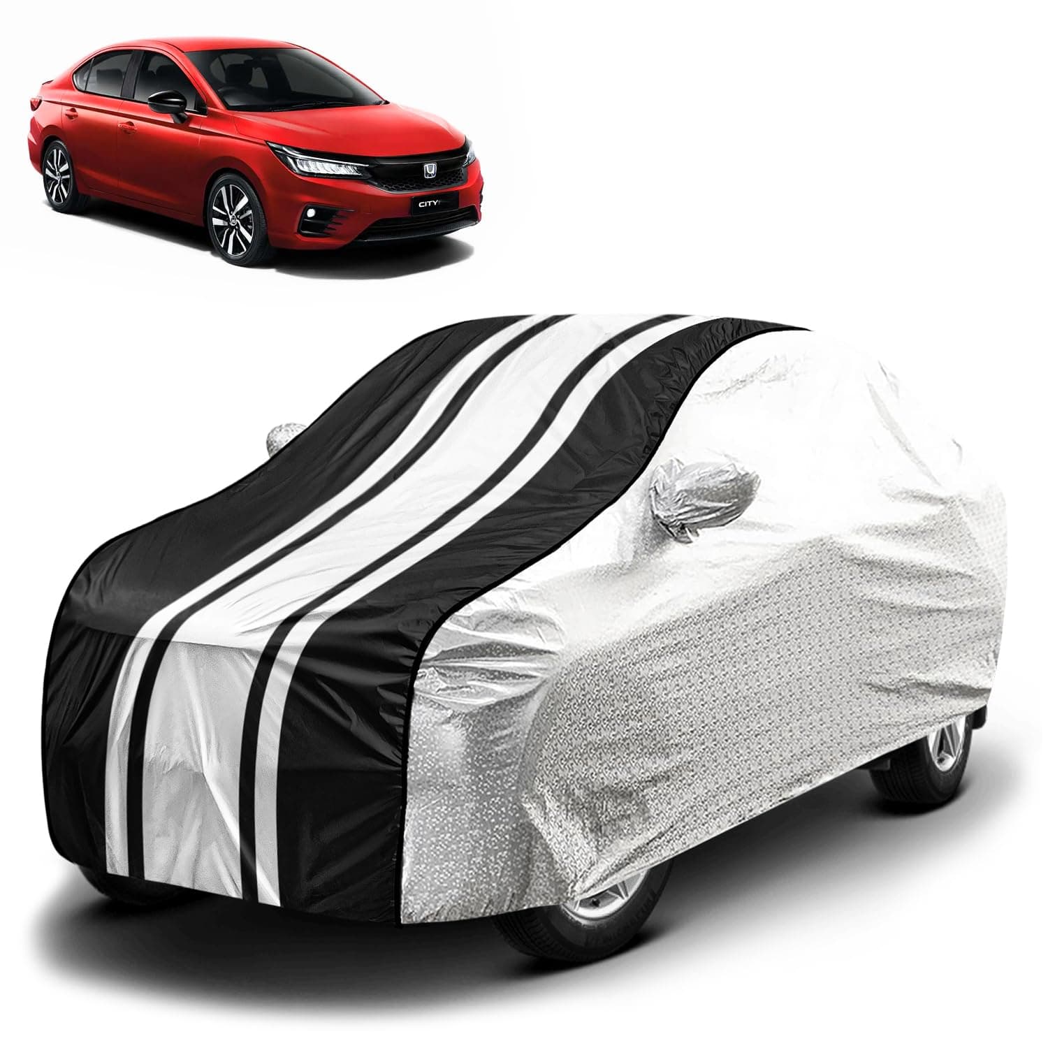 Fabtec Waterproof Car Body Cover for Honda City with Mirror Pocket and Soft Cotton Lining, Bottom Elastic, Triple Stitched (Metallic Silver with Black Stripes) (No Antenna Pocket)