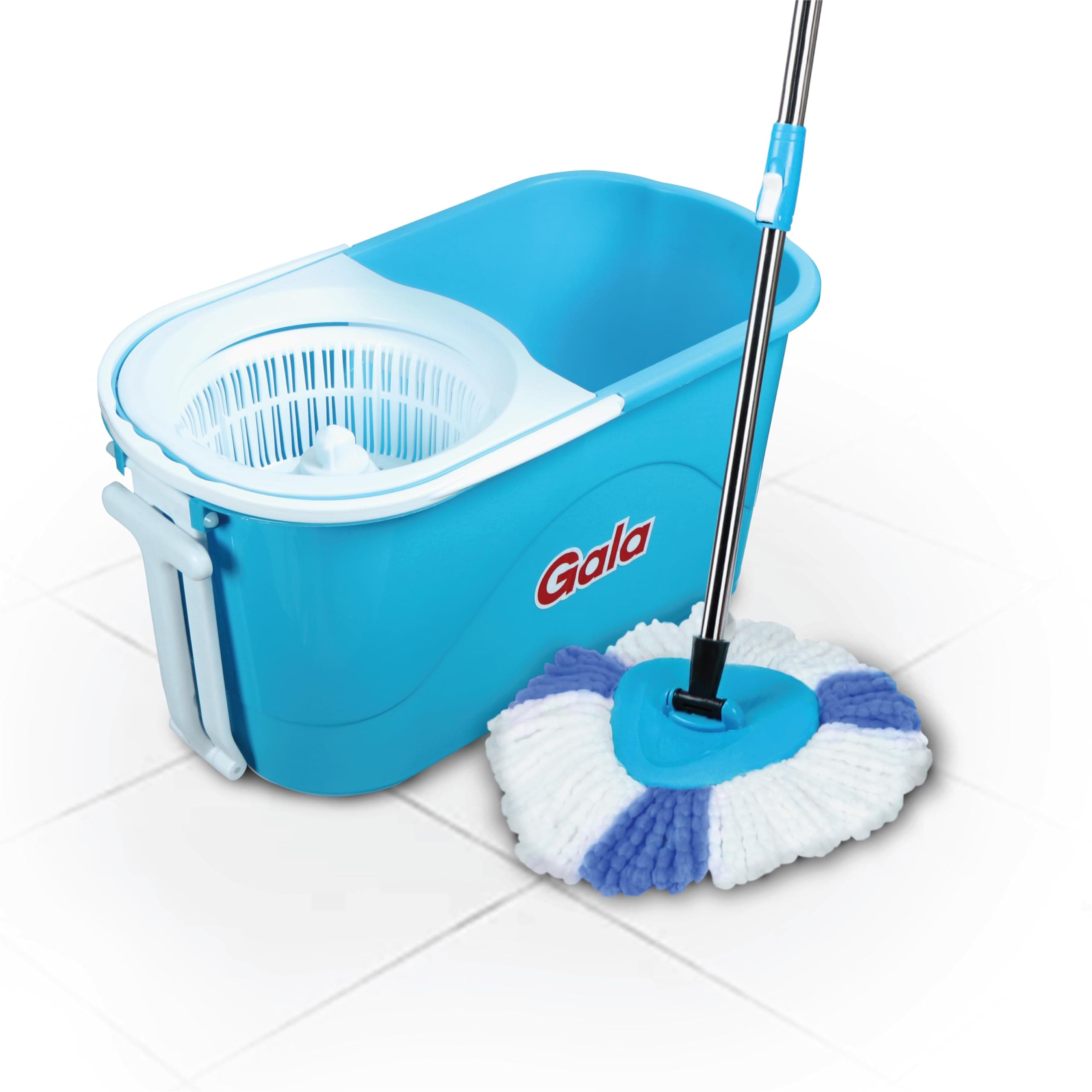 Gala e-Quick Spin Mop with Easy Wheels & Big Bucket, Microfiber Refill, Floor Cleaning Mop with Bucket, Spin Mop for Home Cleaning, Pocha for Floor Cleaning, Mopping Set (White & Blue)
