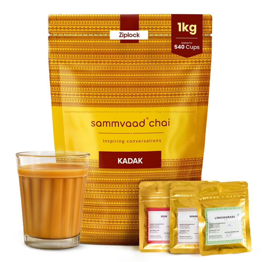 Sammvaad Premium Kadak CTC Chai - 1Kg (Includes 3 Exotic Spices) | Strong & Aromatic Assam Tea | Fresh CTC Tea for Rich Flavor | Makes 540 Cups | Zip-Lock Pack