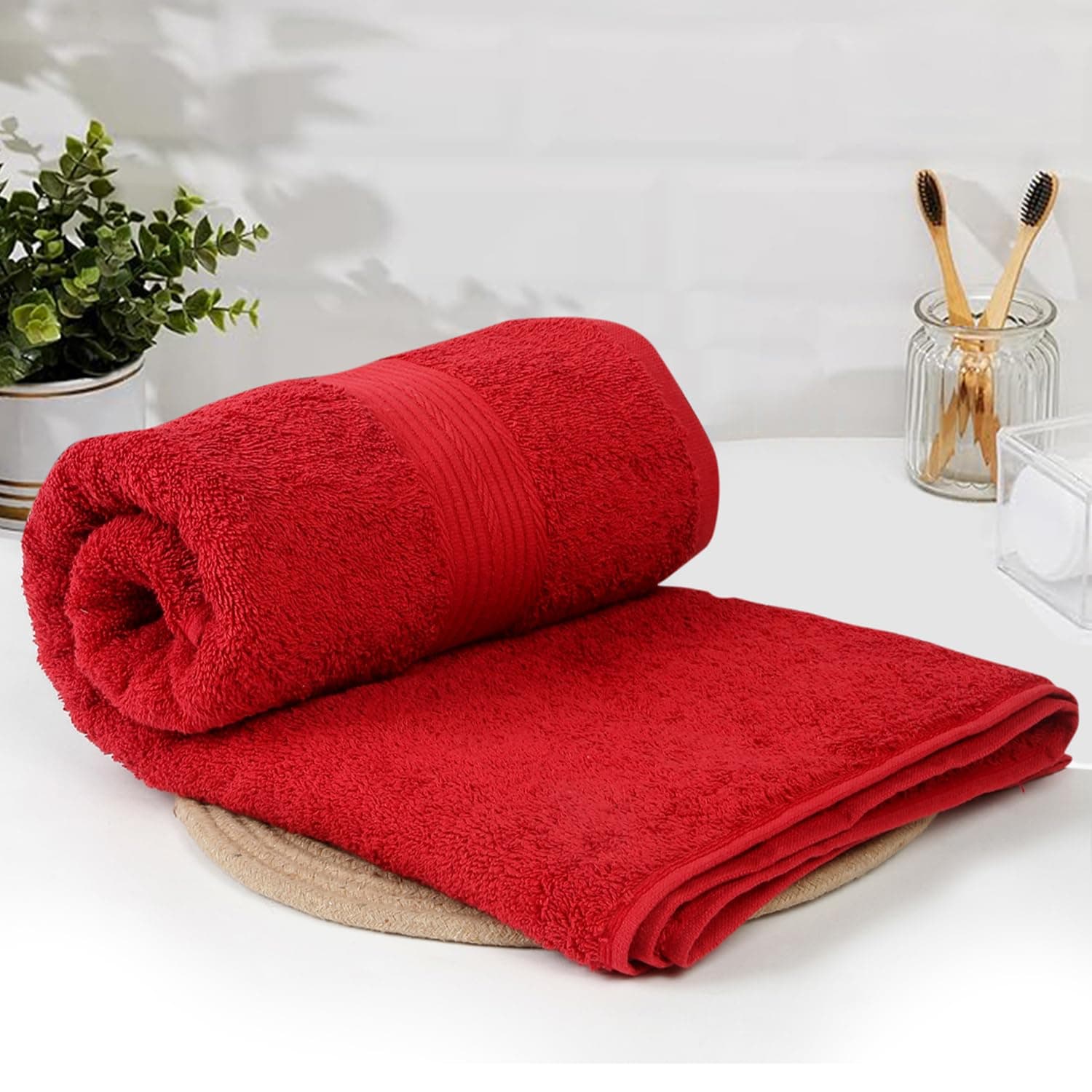 Amazon Brand - Solimo - Cotton Bath Towel | 500 GSM | Fade Resistant | Red