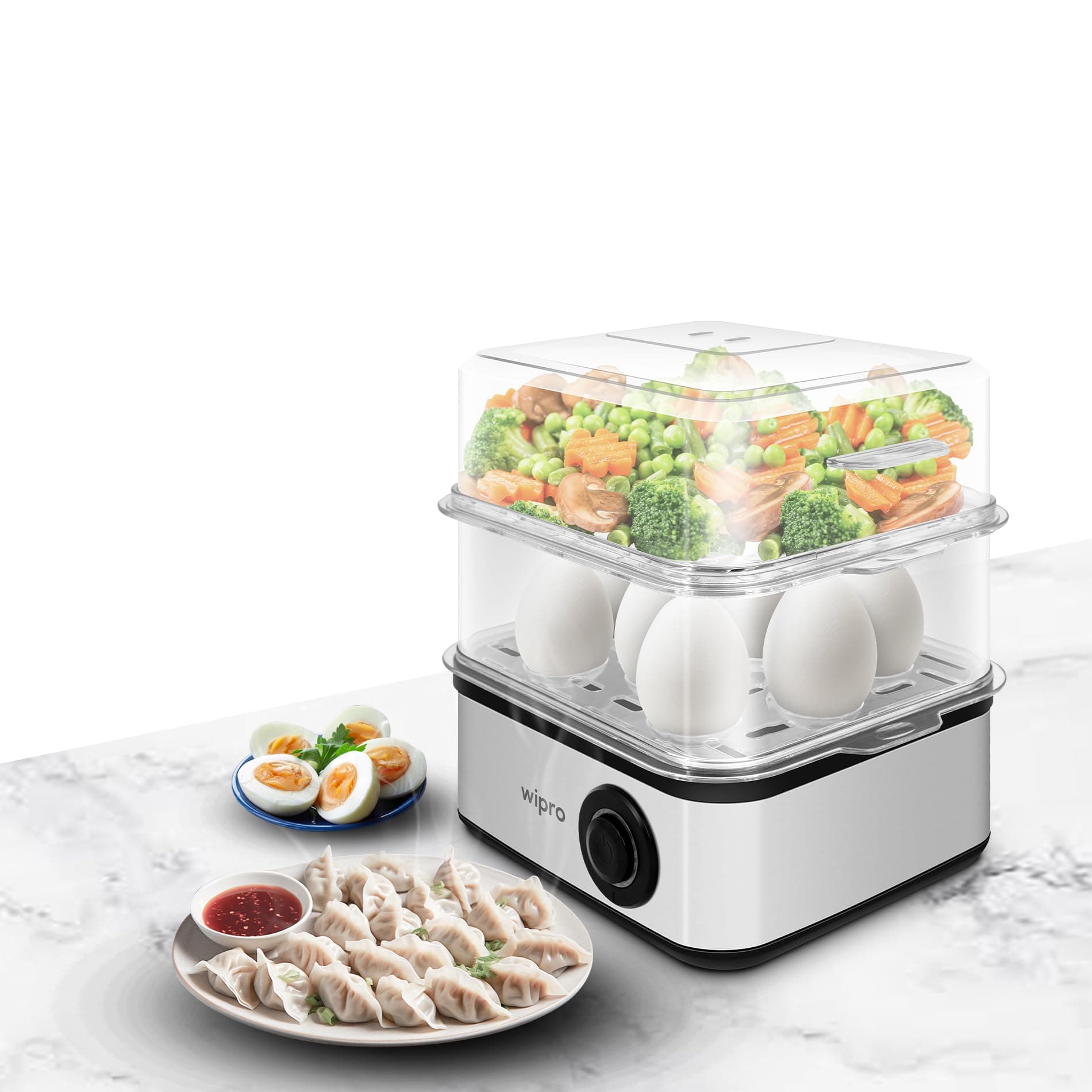 Wipro Elato 4 in 1 Egg Boiler, Poacher & Multicooker, Boils Up to 16 Eggs, Poaches 4 Eggs, Steams Rice & Vegetables, 3 Cooking Modes, 500W, Concurrent Cooking, Transparent Lid, 2-Year Warranty