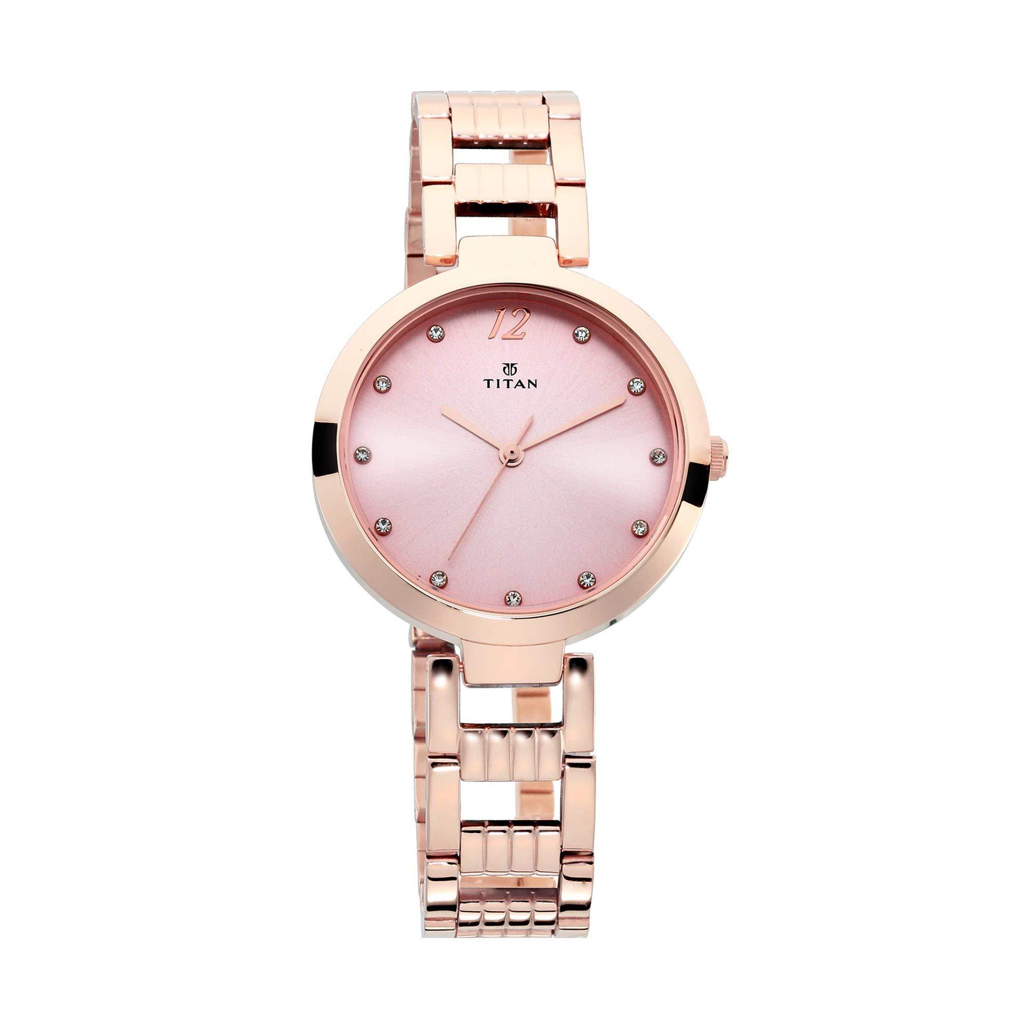 Titan Sparkle Quartz Analog Pink Dial Rose Gold Stainless Steel Strap Watch for Women - NT2480WM03