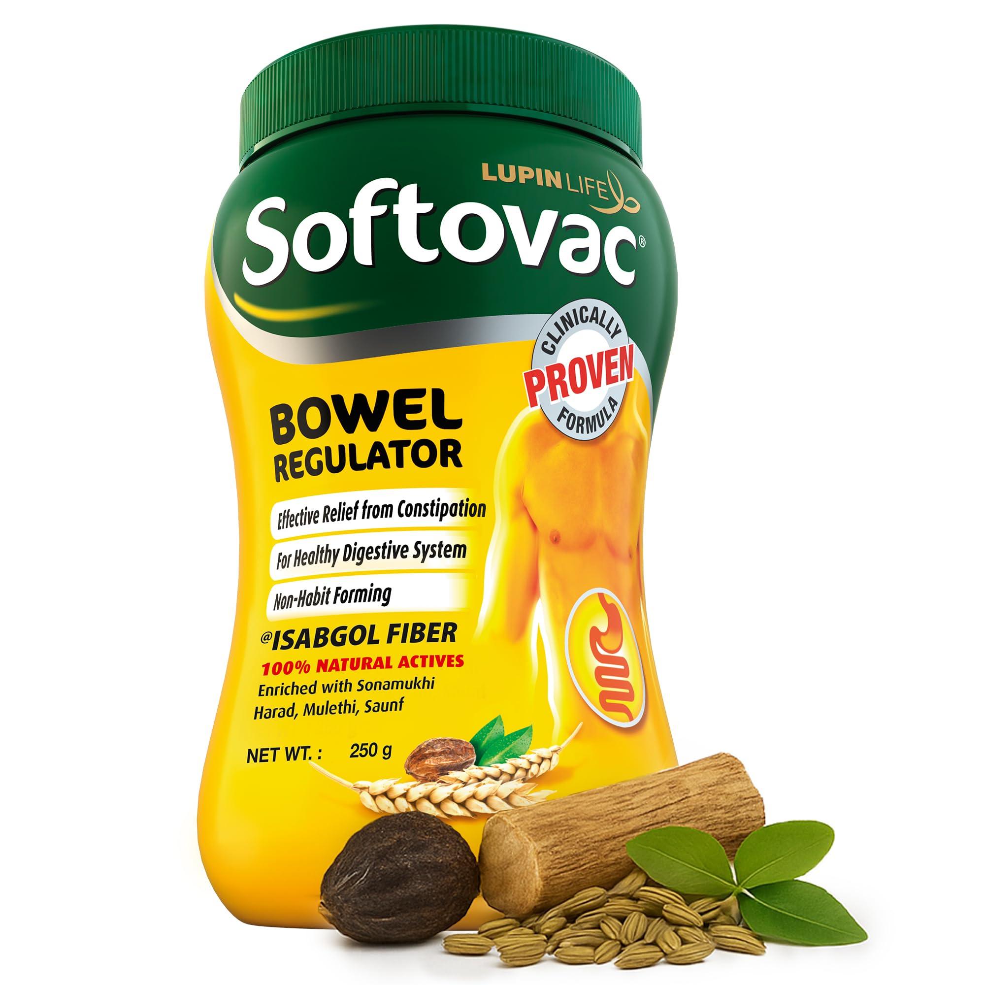 Softovac Isabgol Fiber Plus+ Natural Actives 250g | Psyllium Husk | Complete Relief from Constipation | Gentle on Stomach, Boosts Gut Health - Natural Bowel Regulator for Adults