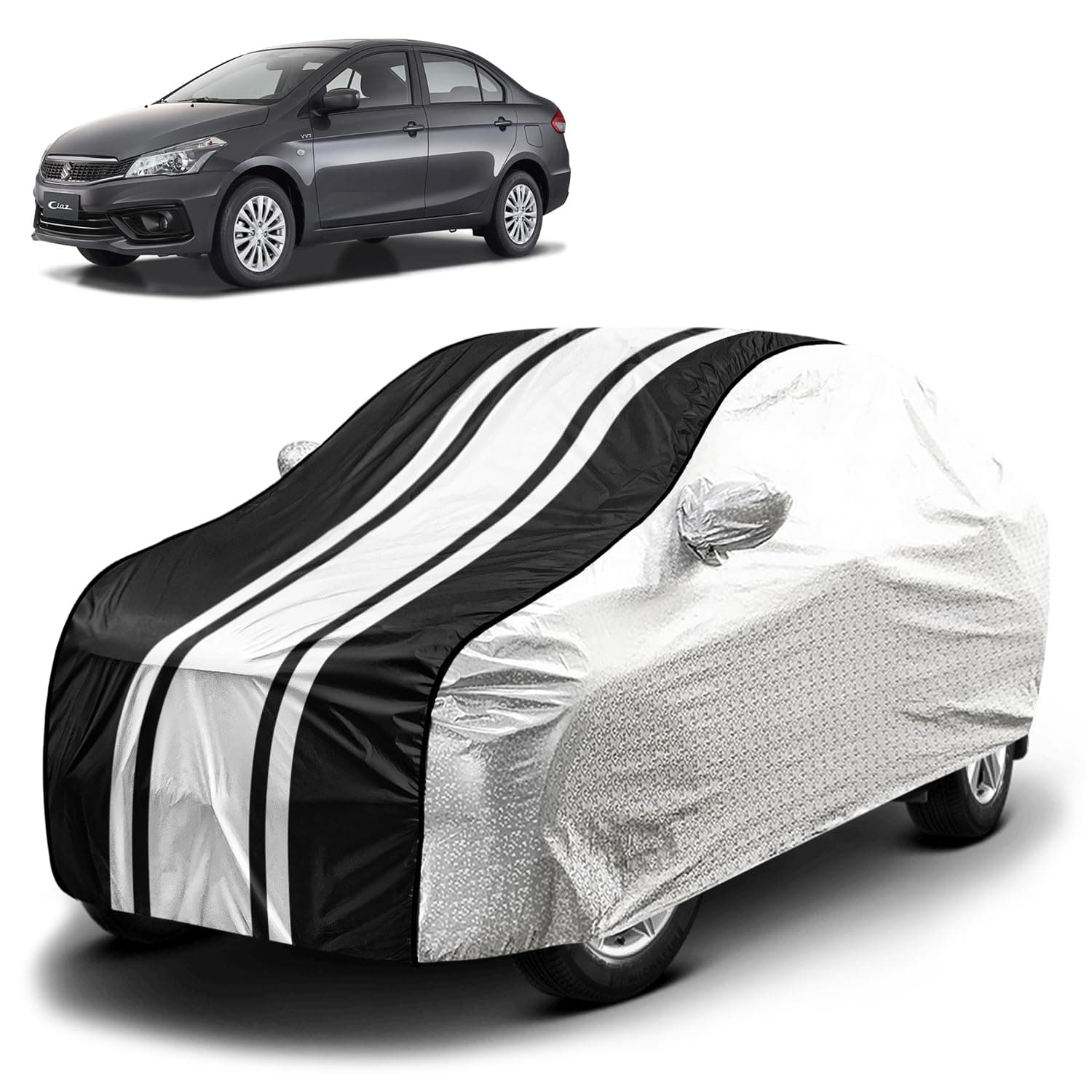 Fabtec Waterproof Car Body Cover for Maruti Ciaz with Mirror Pocket and Soft Cotton Lining, Bottom Elastic, Triple Stitched (Metallic Silver with Black Stripes)