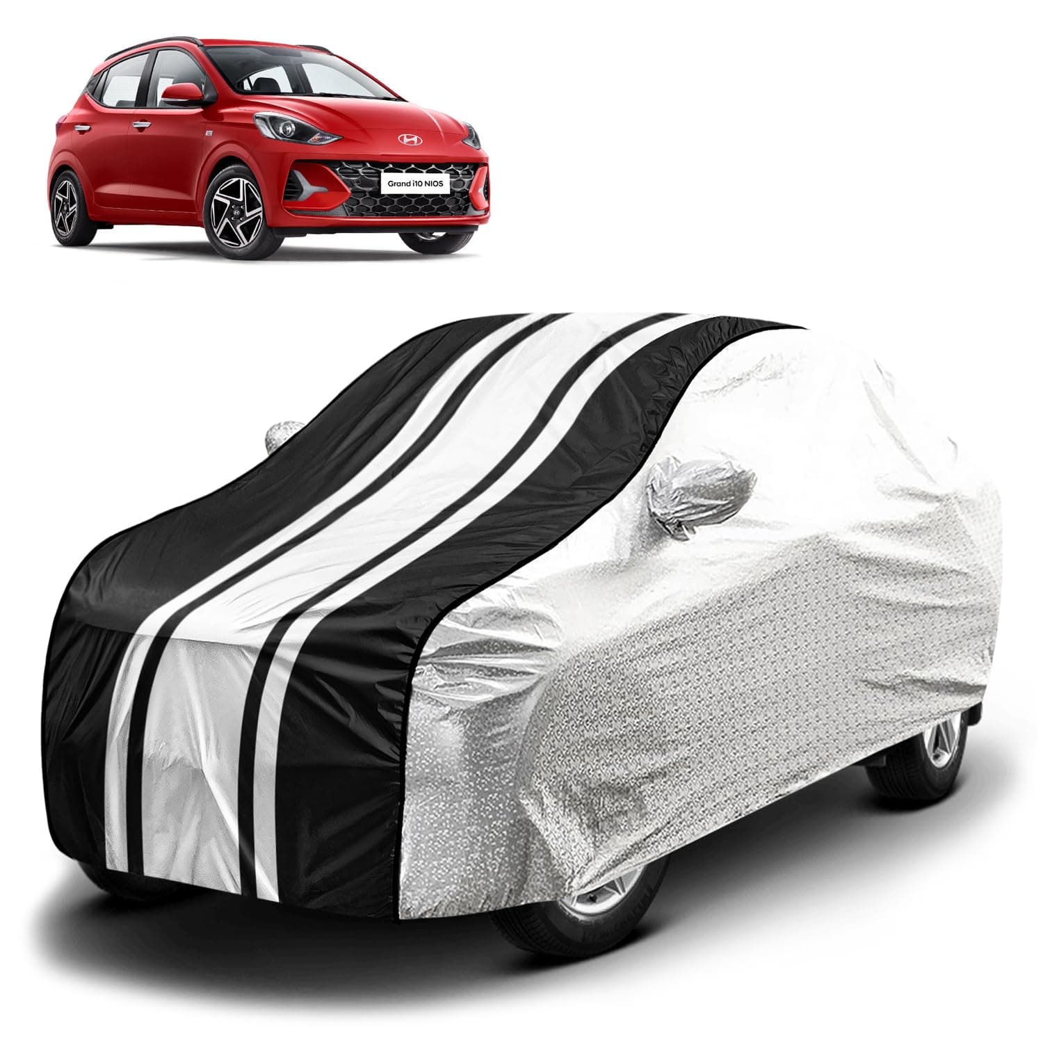 Fabtec Waterproof Car Body Cover for Hyundai Grand i10 Nios with Mirror Pocket and Soft Cotton Lining, Bottom Elastic, Triple Stitched (Metallic Silver with Black Stripes) (No Antenna Pocket)
