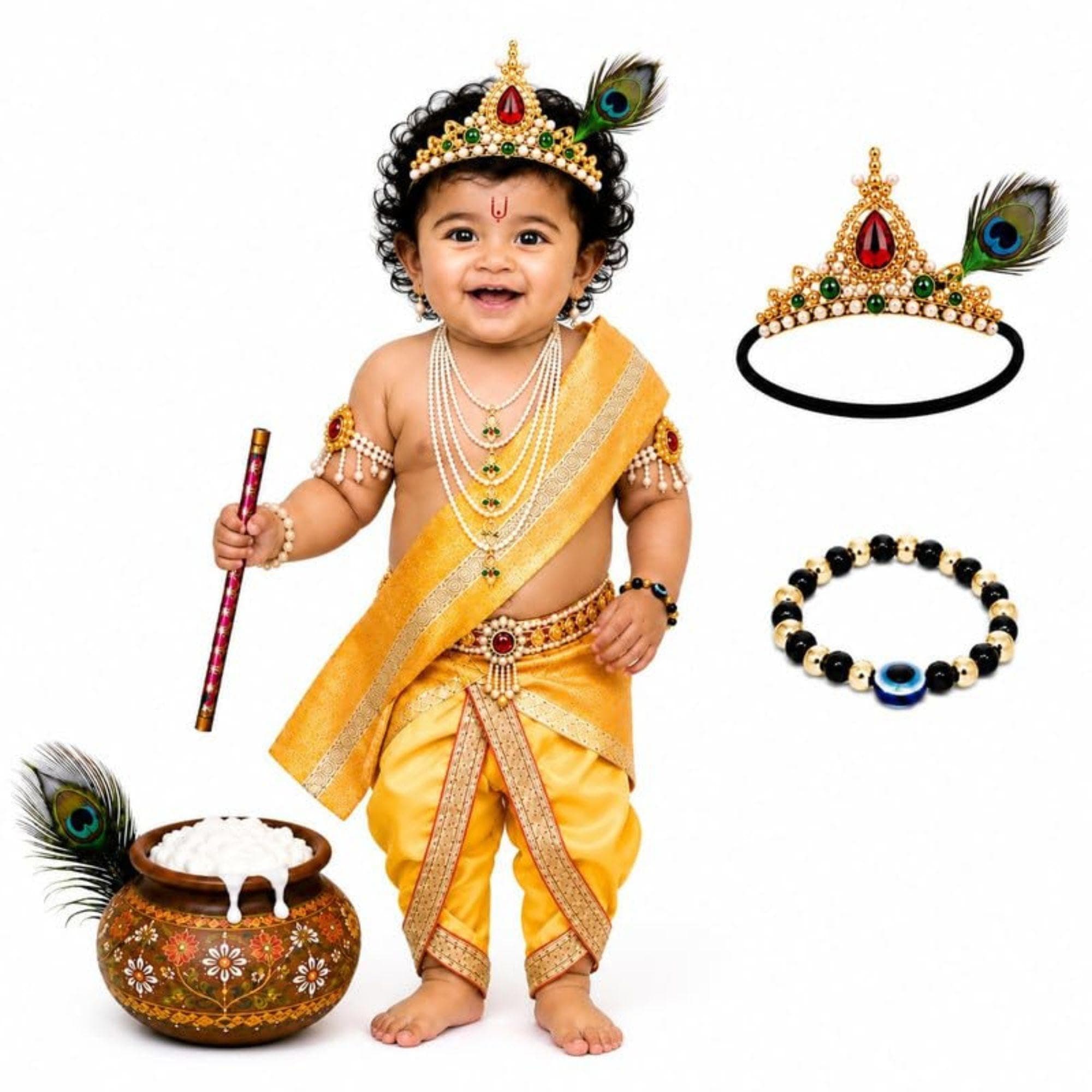 Raj Costume Shri Krishna Dress for Kids, Bal Krishna Costume for Baby Boy and Girl, Janmashtami Fancy Dress Costume, Krishna Dress for Kids