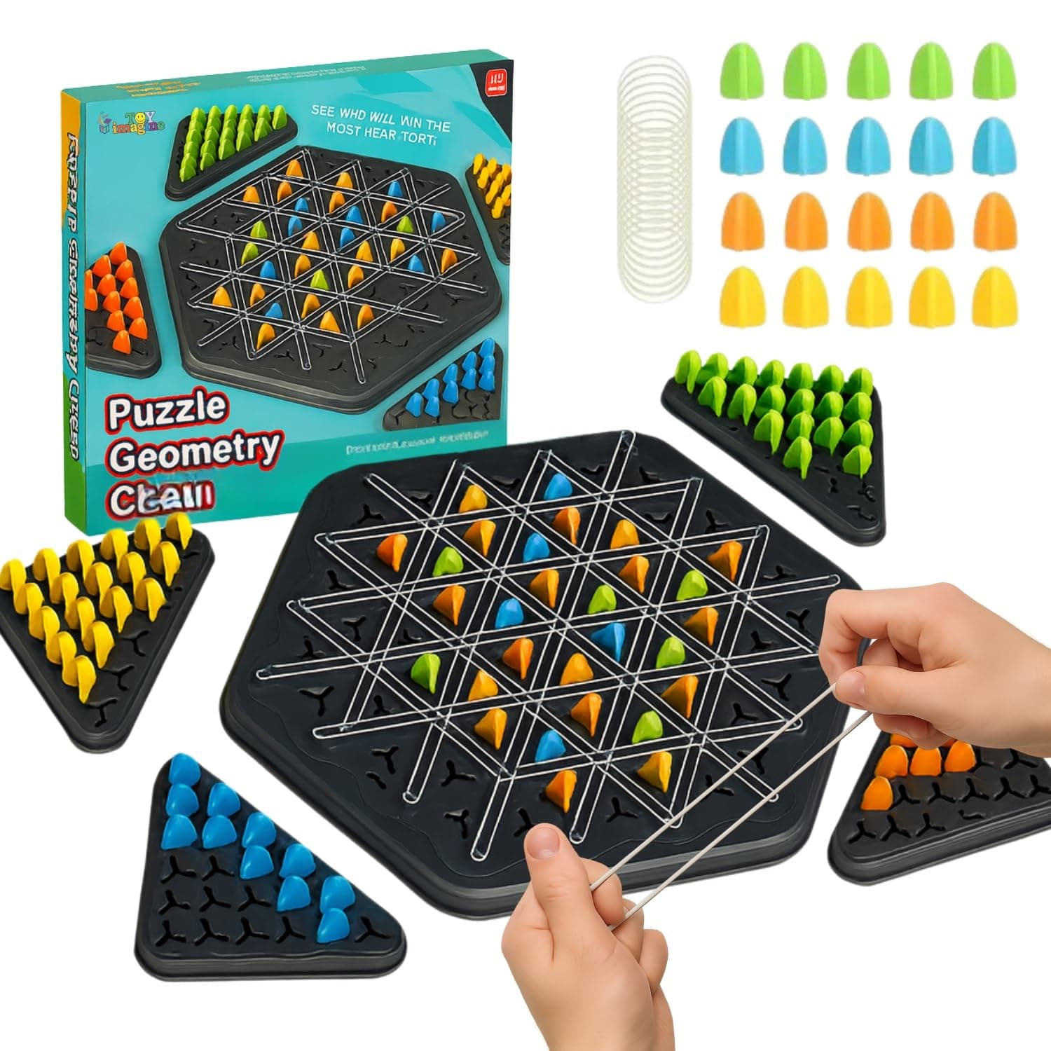Toy Imagine Chain Triangle Chess Game Triggle Rubber Band Strategy Board Games & Brain Teaser Puzzle for Kids & Adults | Fun Family Night Interactive Game for 2–4 Players (Multicolour)