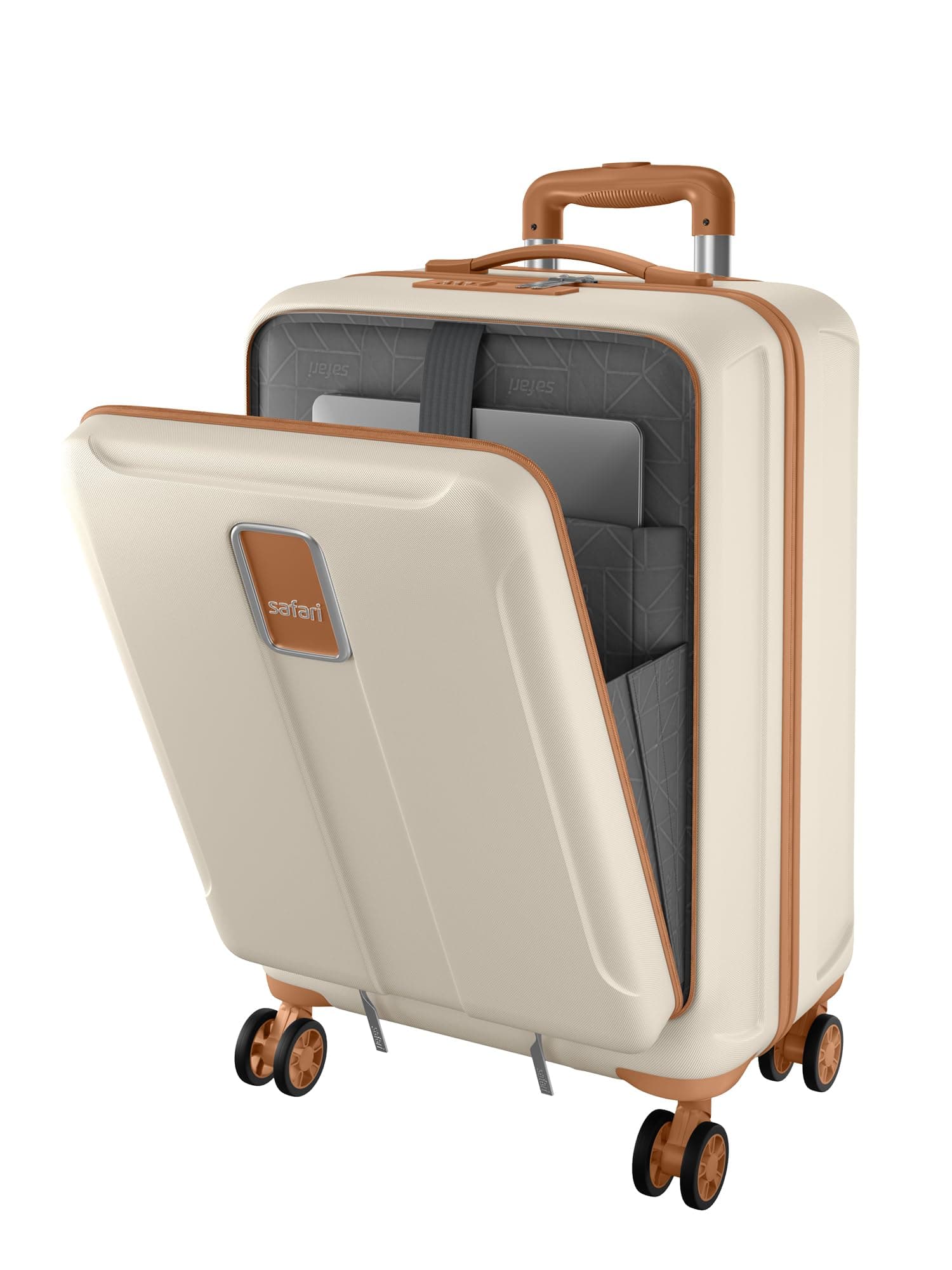 Safari Cabin Trolley Bag with Laptop Compartment, Hardside Polycarbonate Small (55cm) Suitcase | 360° 8 Wheel Spinner Travel Luggage| Recessed Combination Lock|Thorium Neo| Vanilla