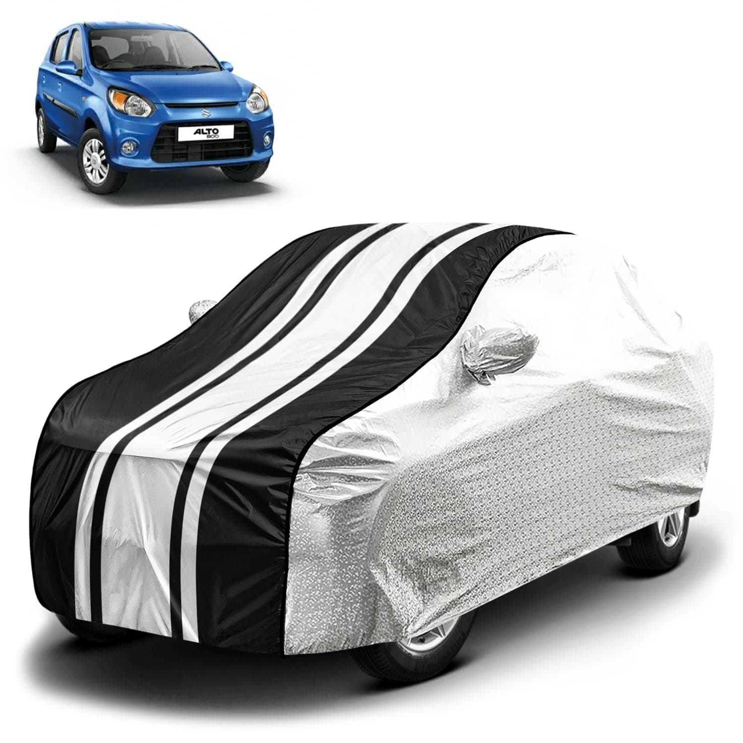 Fabtec Waterproof Car Body Cover for Maruti Alto 800 with Mirror Pocket and Soft Cotton Lining, Bottom Elastic, Triple Stitched (Metallic Silver with Black Stripes) (No Antenna Pocket)