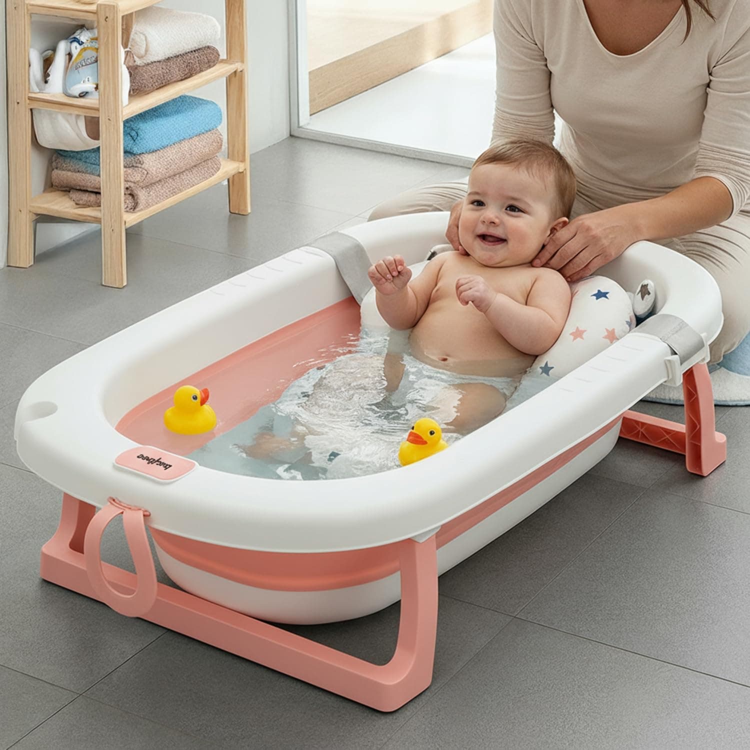 Baybee Bath Tub for Baby 0-5 Years, Foldable Bathtub for Kids with Anti Skid Base, Support Cushion & Drainer, Mini Swimming Pool for Kids, Newborn Baby Folding Bathing Tub for Girls & Boys (Pink)